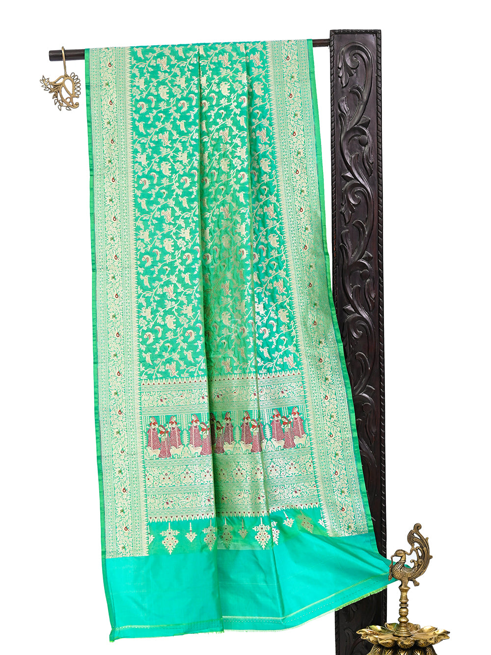 Sea Green Shikargah Brocade Katan Silk Handloom Banarasi Dupatta - Sacred Weaves