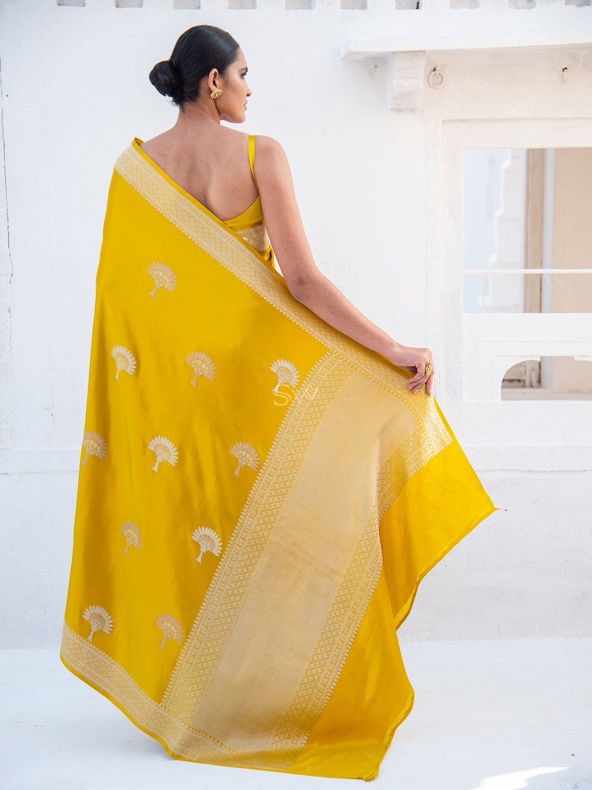 Mustard Satin Silk Handloom Banarasi Saree - Sacred Weaves