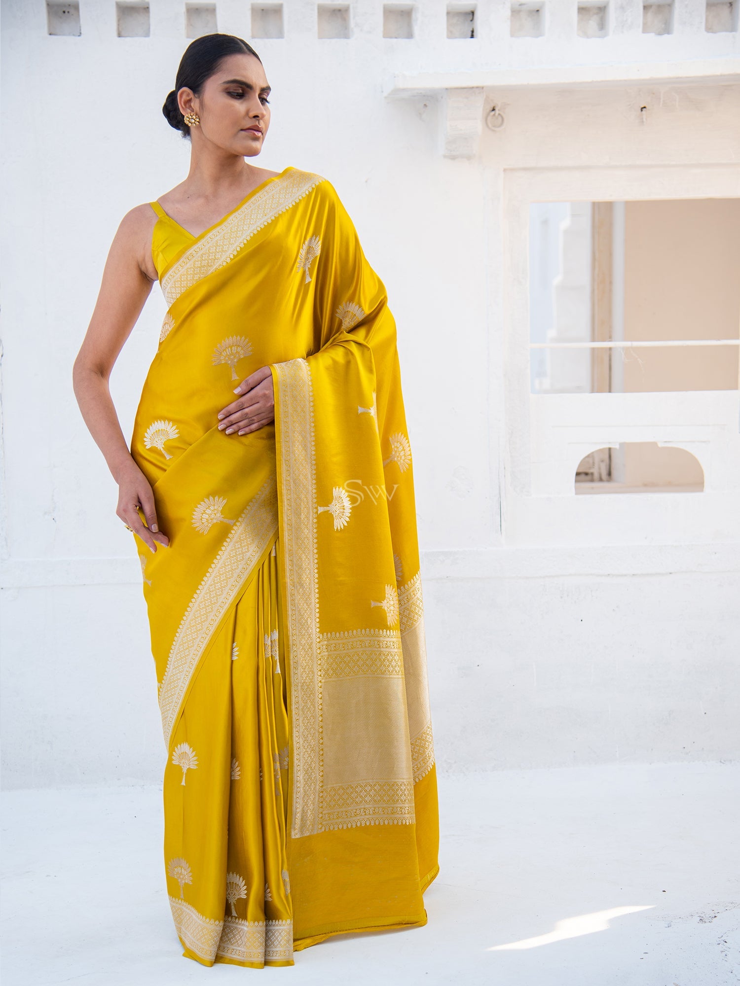 Mustard Satin Silk Handloom Banarasi Saree - Sacred Weaves