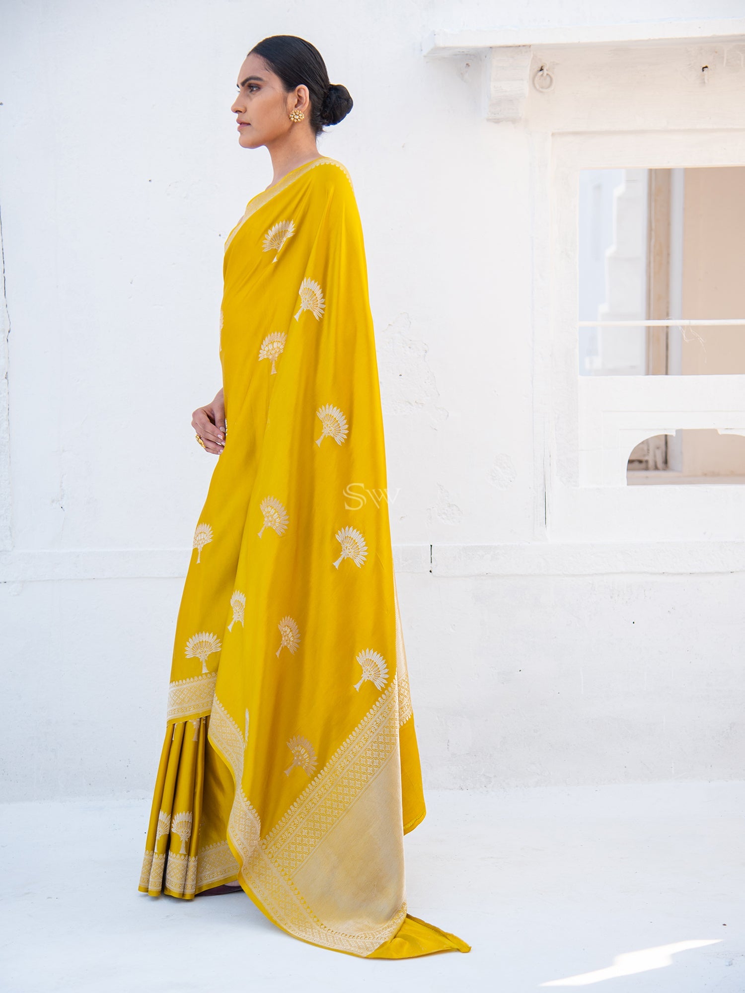 Mustard Satin Silk Handloom Banarasi Saree - Sacred Weaves