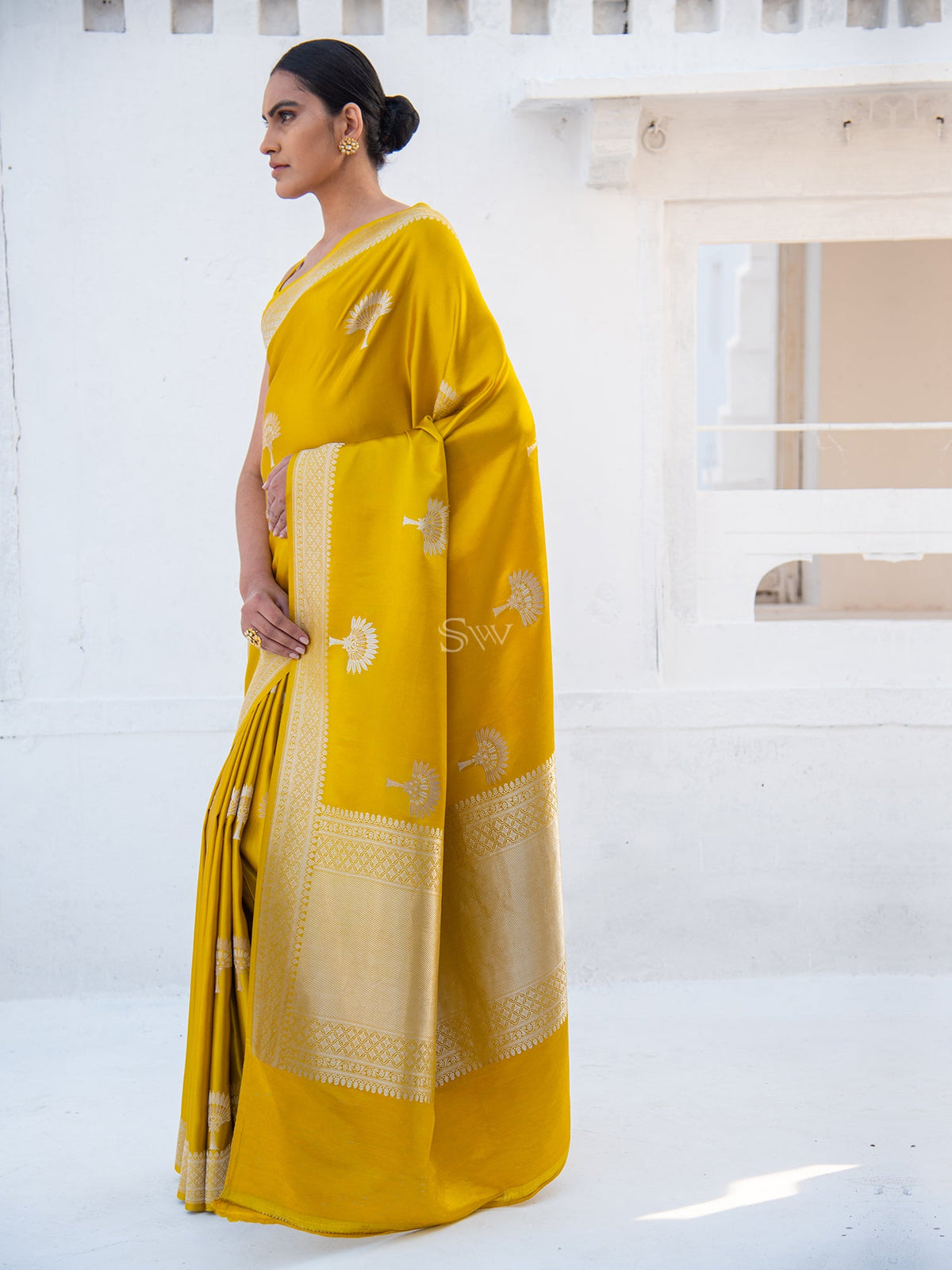 Mustard Satin Silk Handloom Banarasi Saree - Sacred Weaves