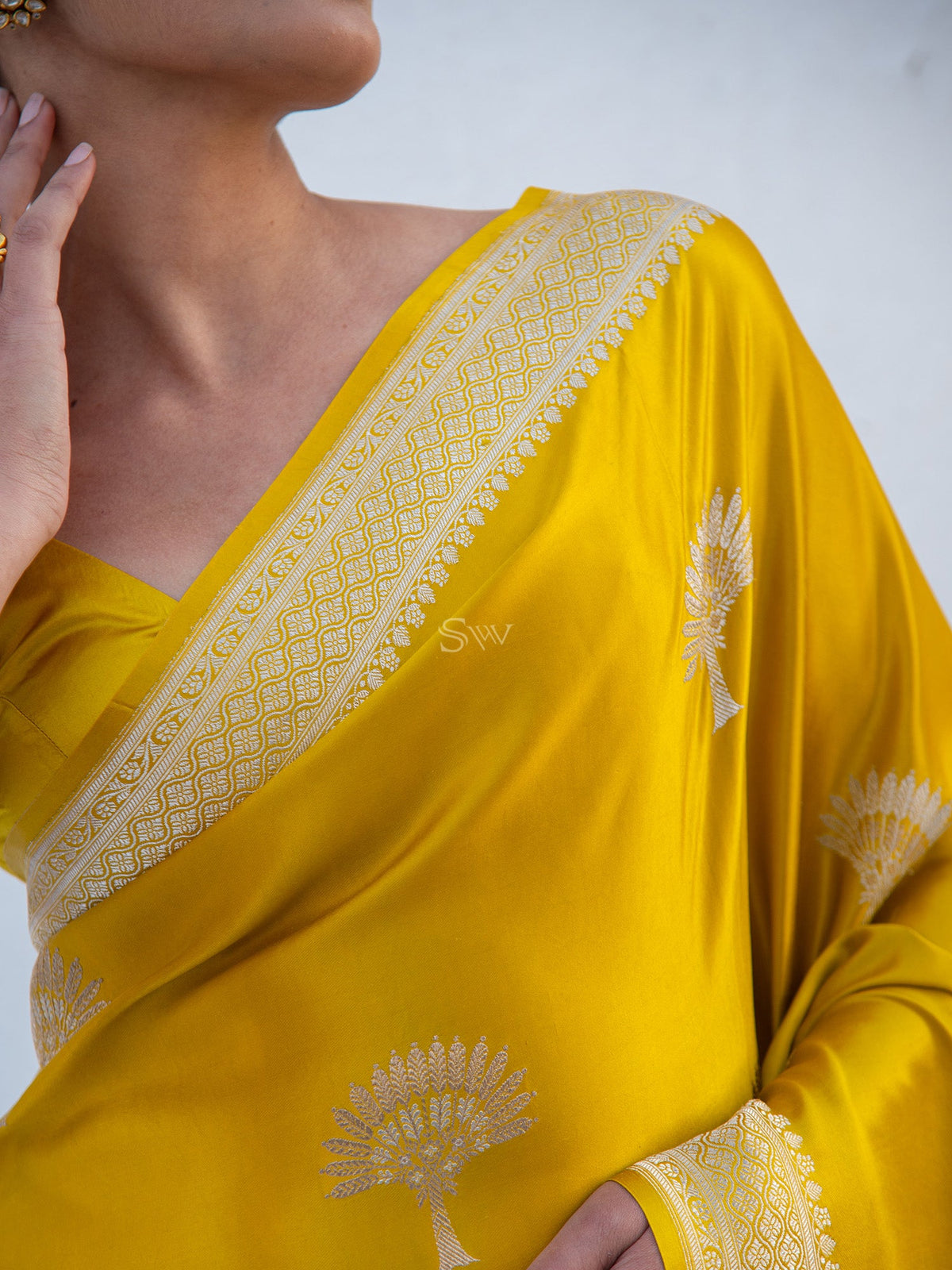 Mustard Satin Silk Handloom Banarasi Saree - Sacred Weaves