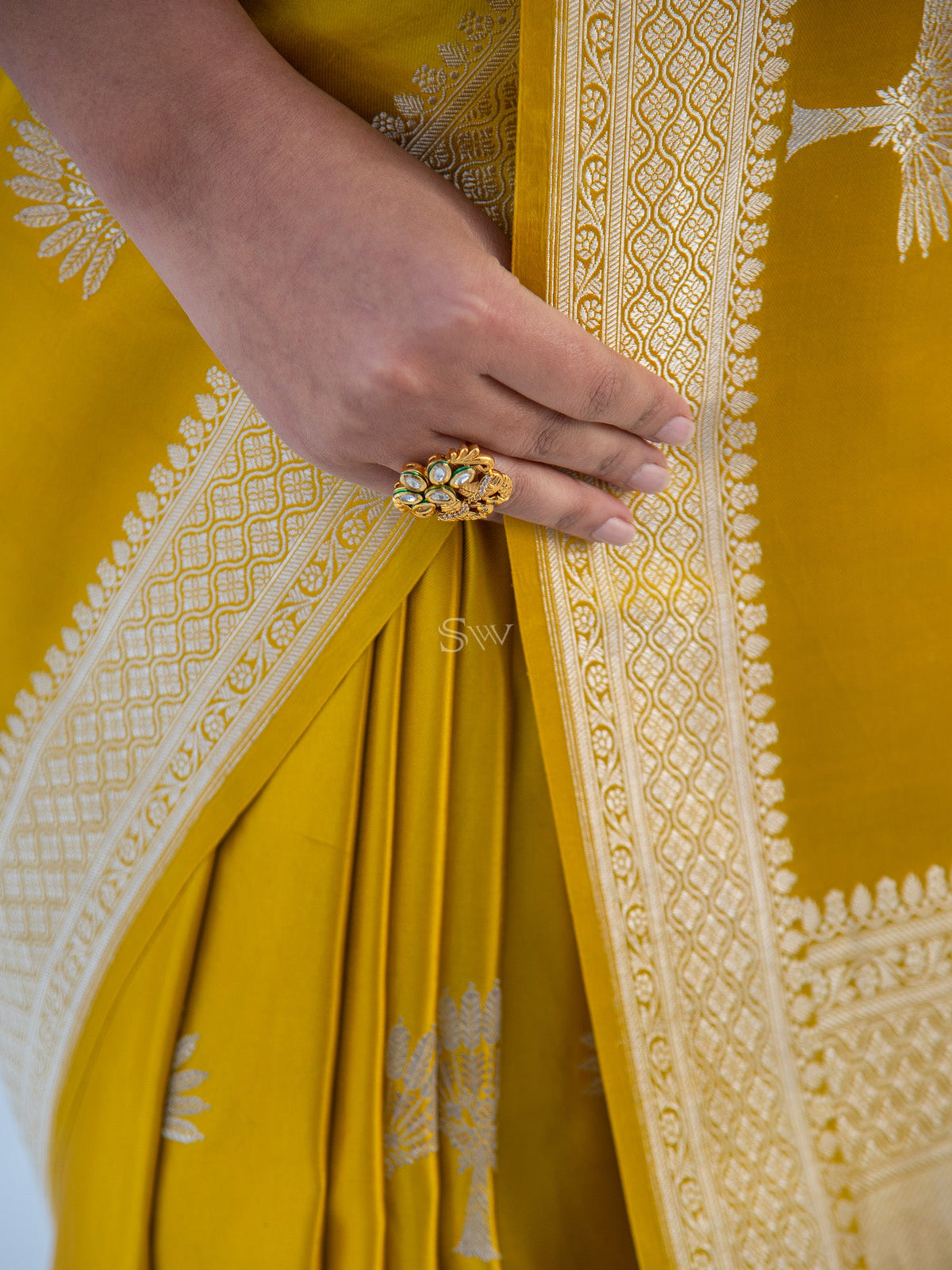 Mustard Satin Silk Handloom Banarasi Saree - Sacred Weaves