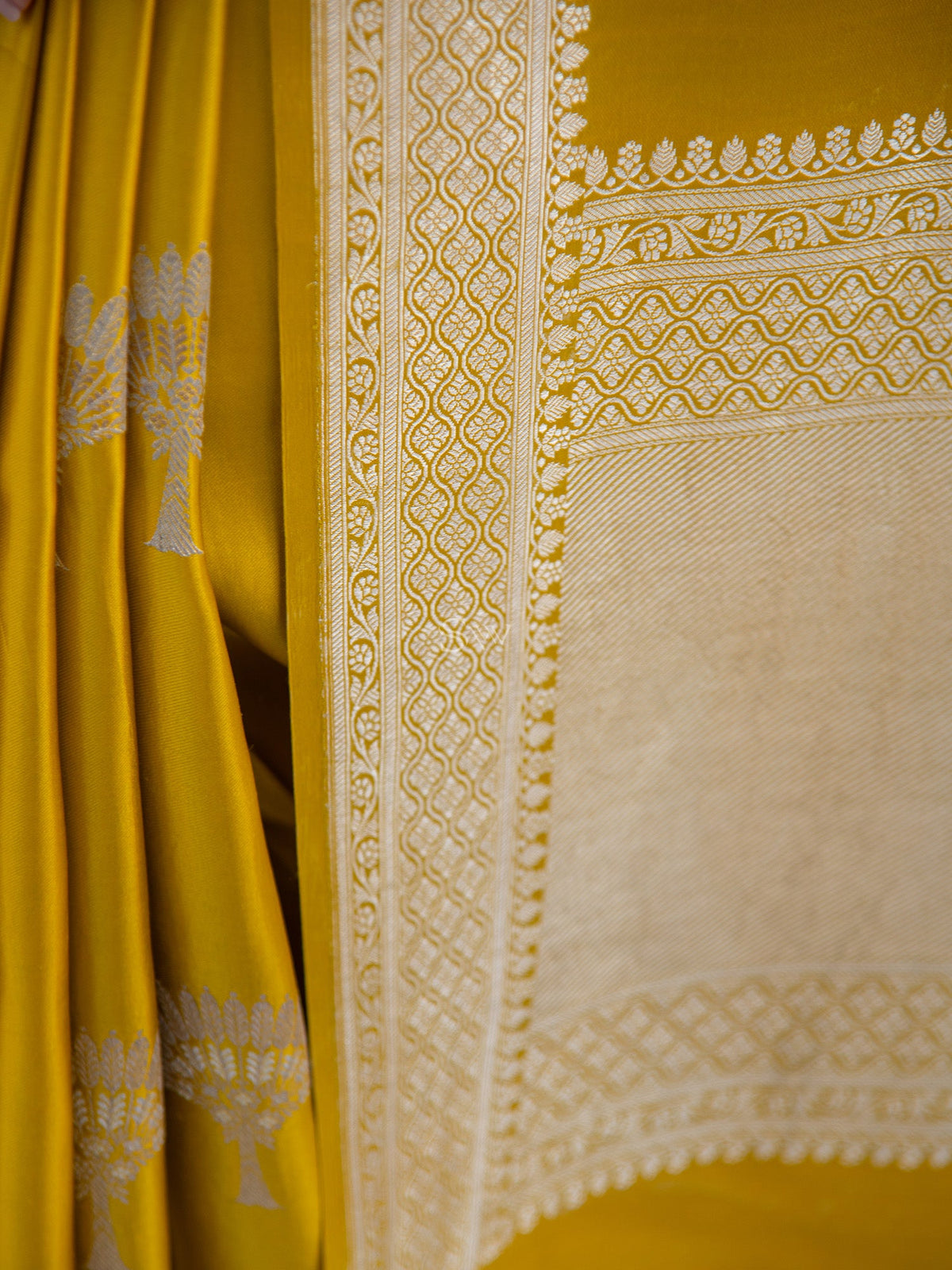 Mustard Satin Silk Handloom Banarasi Saree - Sacred Weaves