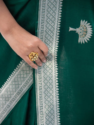 Bottle Green Banarasi Handloom Satin Silk Saree With Embroidery Work with  Blouse Piece
