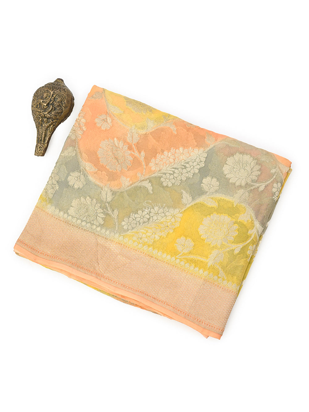 Peach Yellow Rangkat Khaddi Georgette Handloom Banarasi Saree