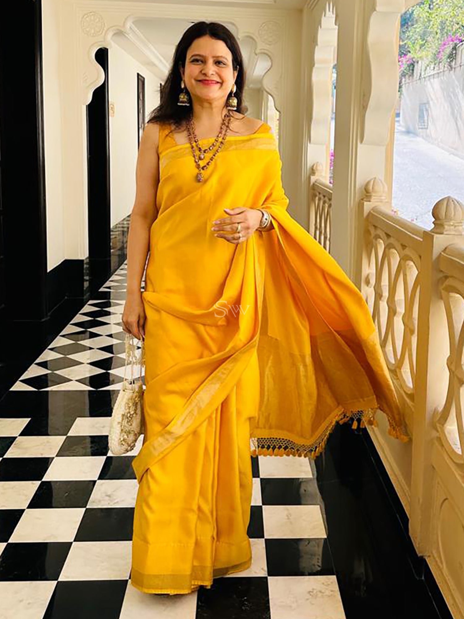 Yellow Plain Satin Silk Handloom Banarasi Saree - Sacred Weaves