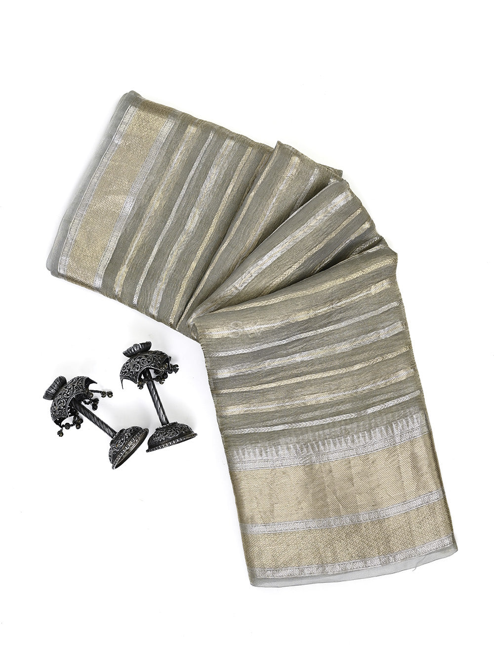 Bluish Grey Tissue Handloom Banarasi Saree - Sacred Weaves