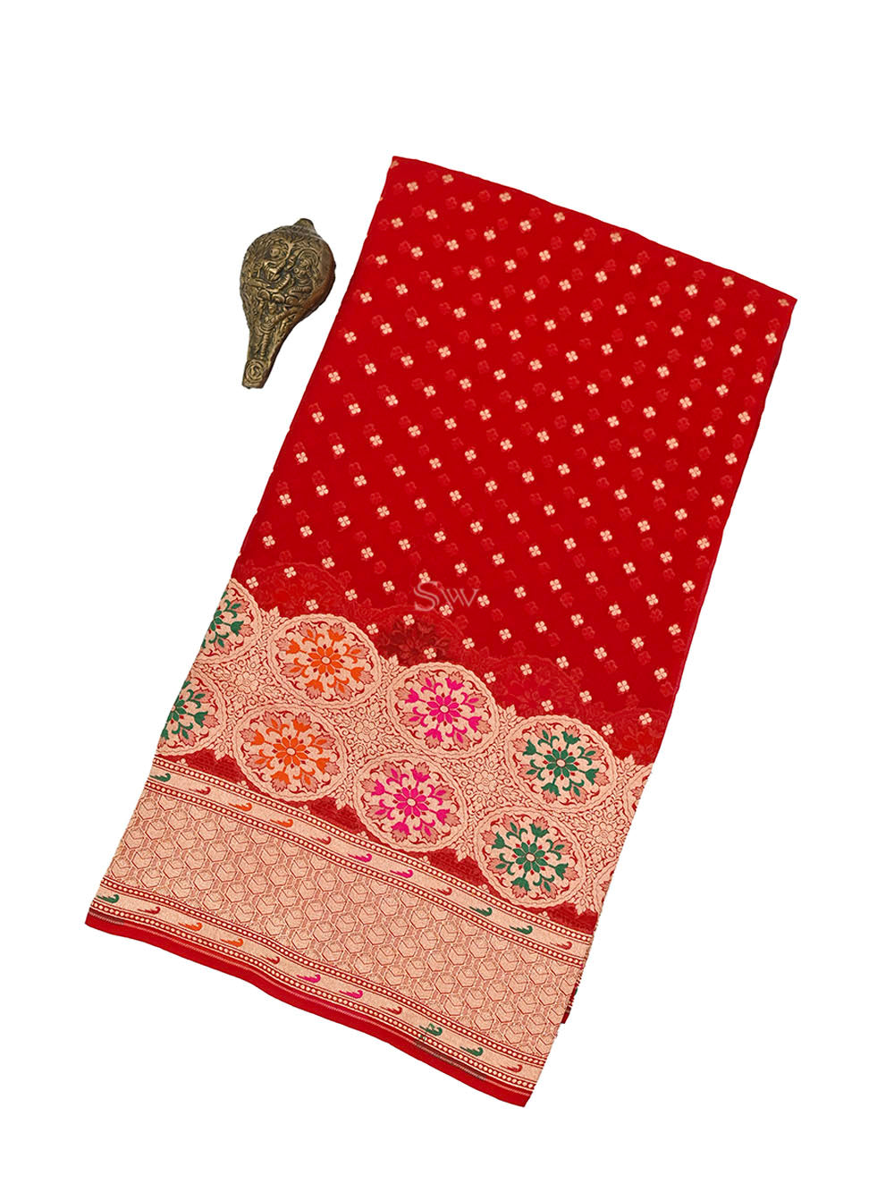 Red Booti Khaddi Georgette Handloom Banarasi Saree - Sacred Weaves