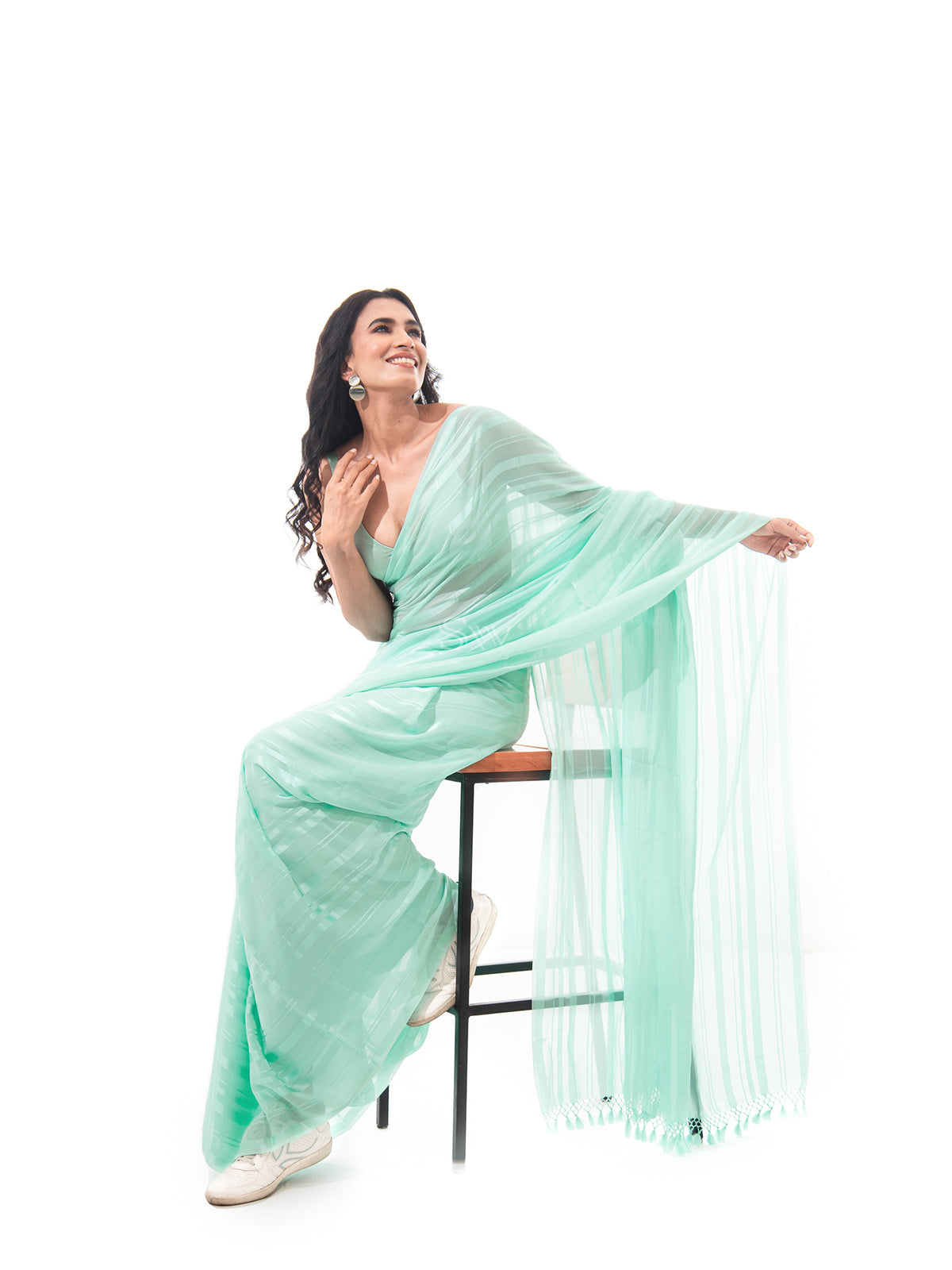 Sea Green Stripe Satin Georgette Handloom Saree - Sacred Weaves