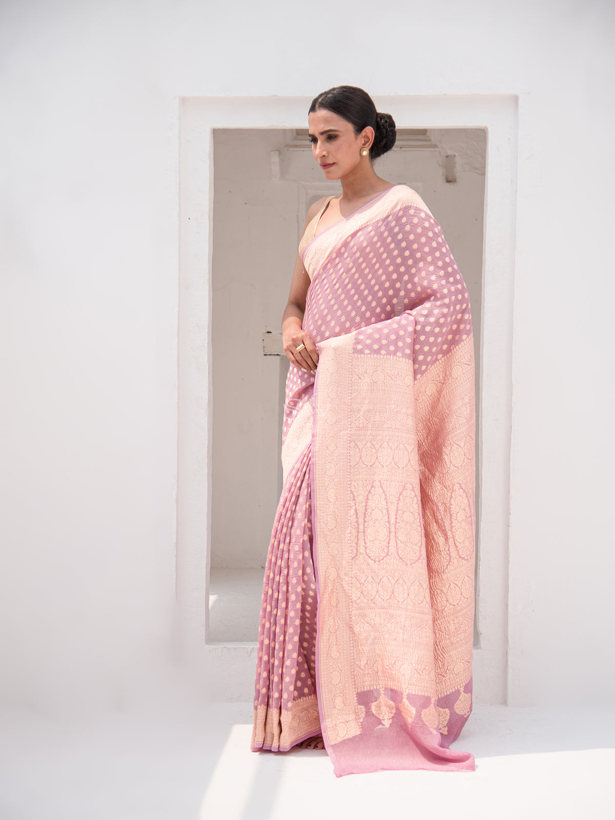 Pastel Pink Pure Crush Tissue Silk Handloom Banarasi Saree