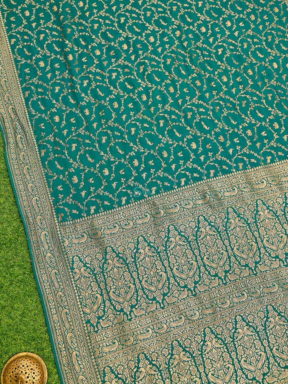 Teal Green Jaal Crepe Silk Handloom Banarasi Saree - Sacred Weaves