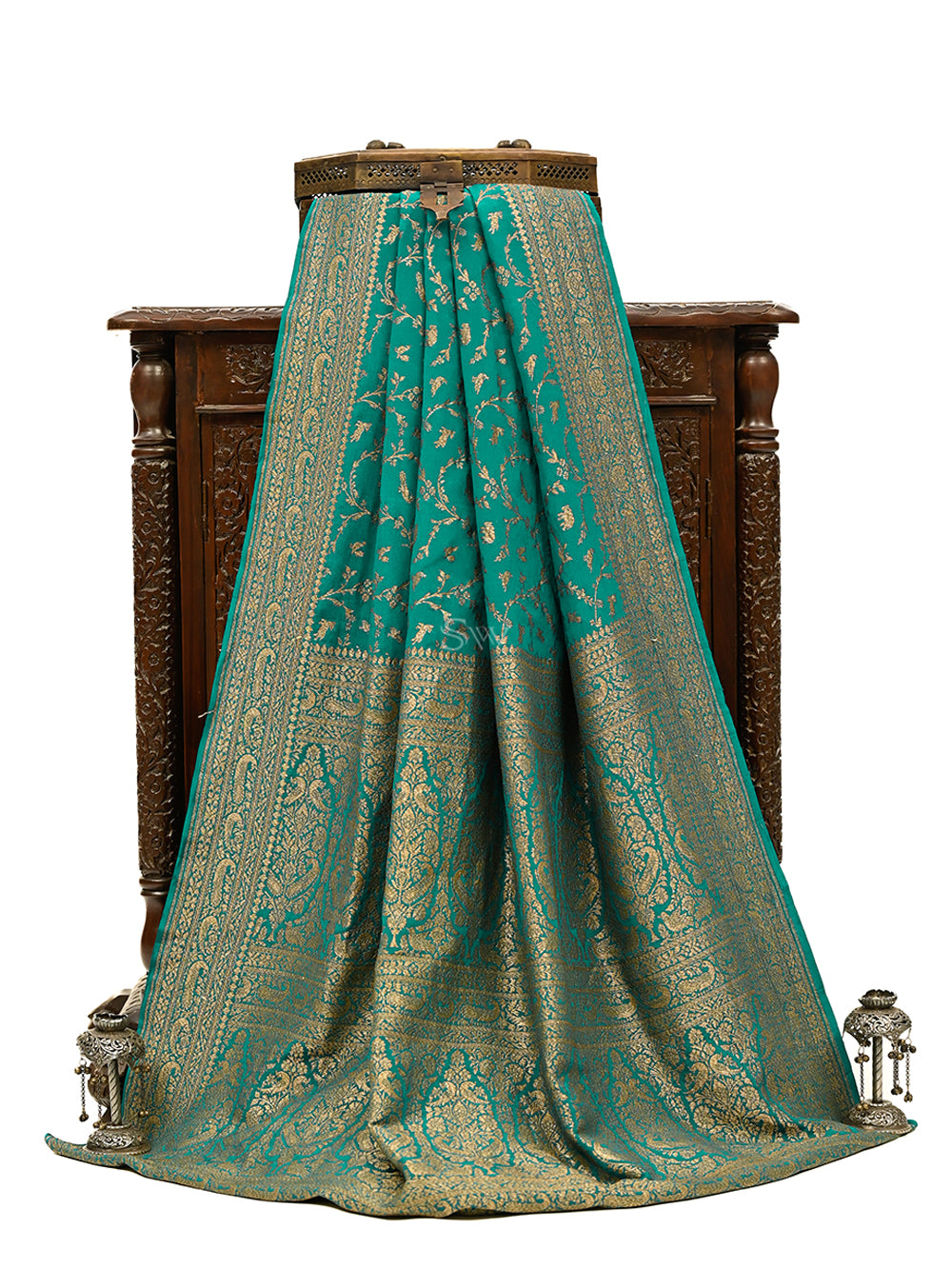 Teal Green Jaal Crepe Silk Handloom Banarasi Saree - Sacred Weaves