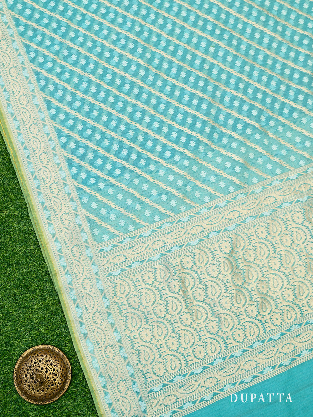 Aqua Blue Booti Cotton Silk Handloom Banarasi Suit - Sacred Weaves