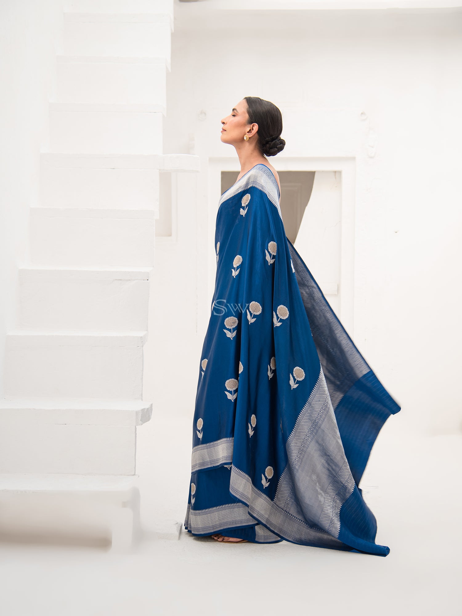 Midnight Blue Satin Silk Handloom Banarasi Saree - Sacred Weaves