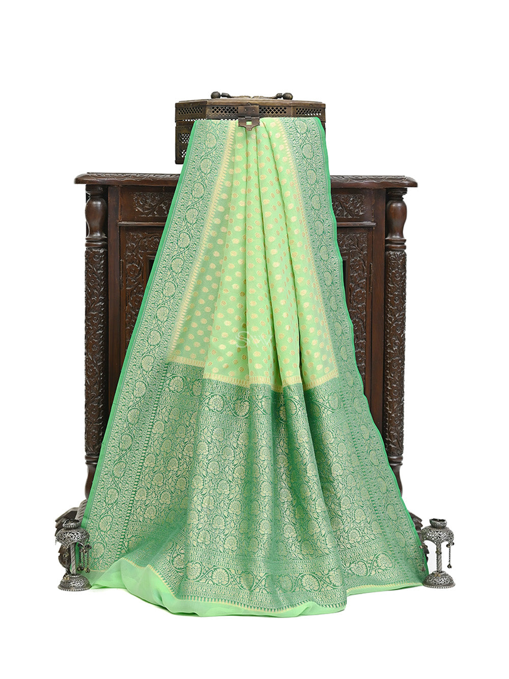 Pastel Green Booti Khaddi Georgette Handloom Banarasi Saree