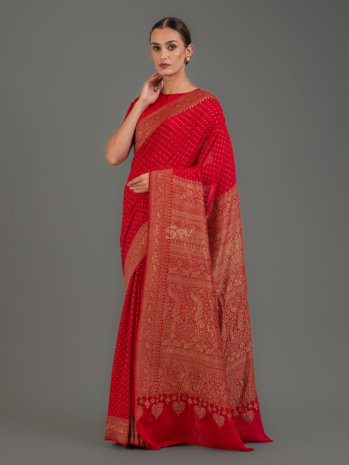 Maroon Booti Crepe Silk Handloom Banarasi Saree