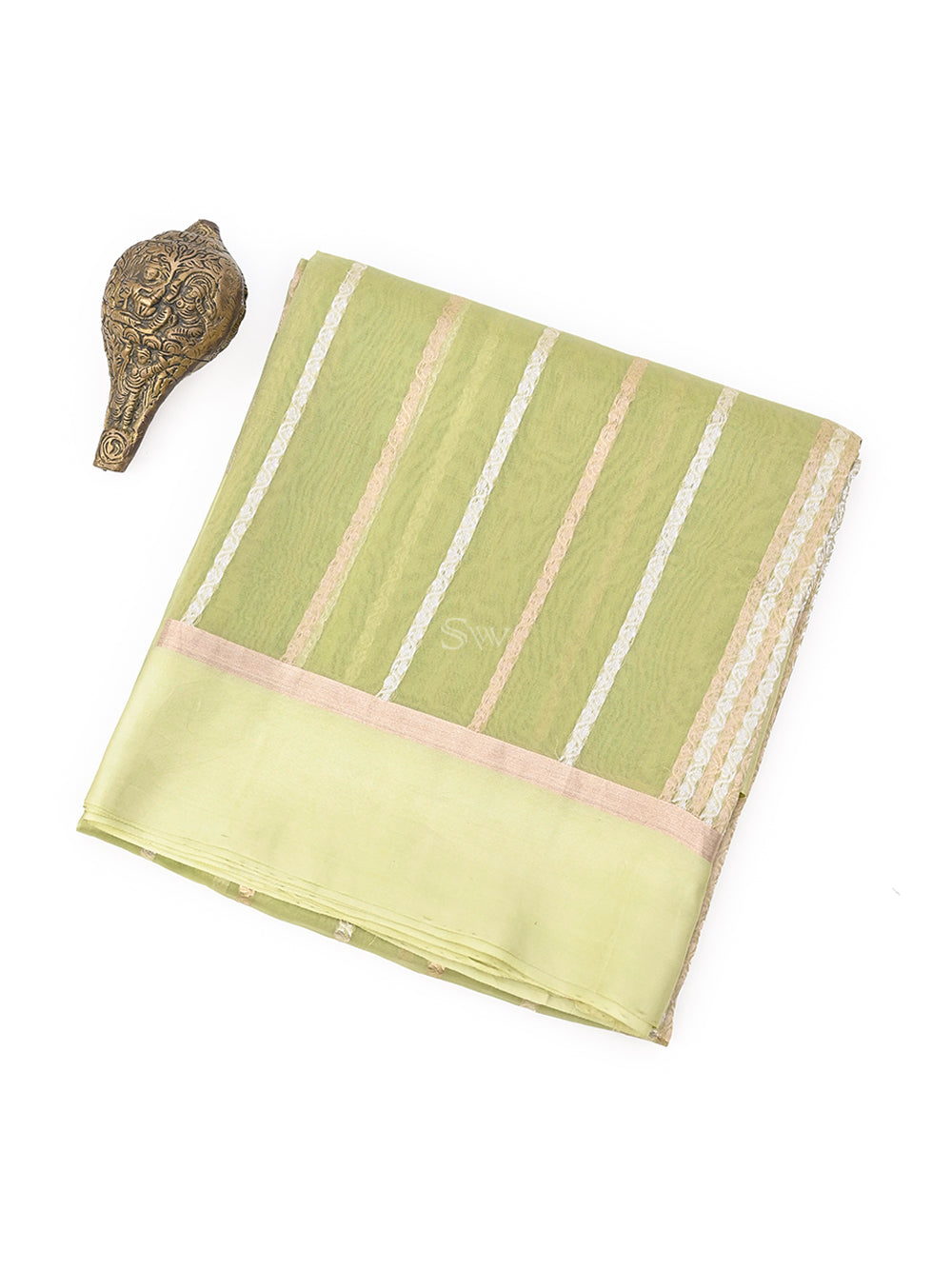 Moss Green Stripe Organza Handloom Banarasi Saree