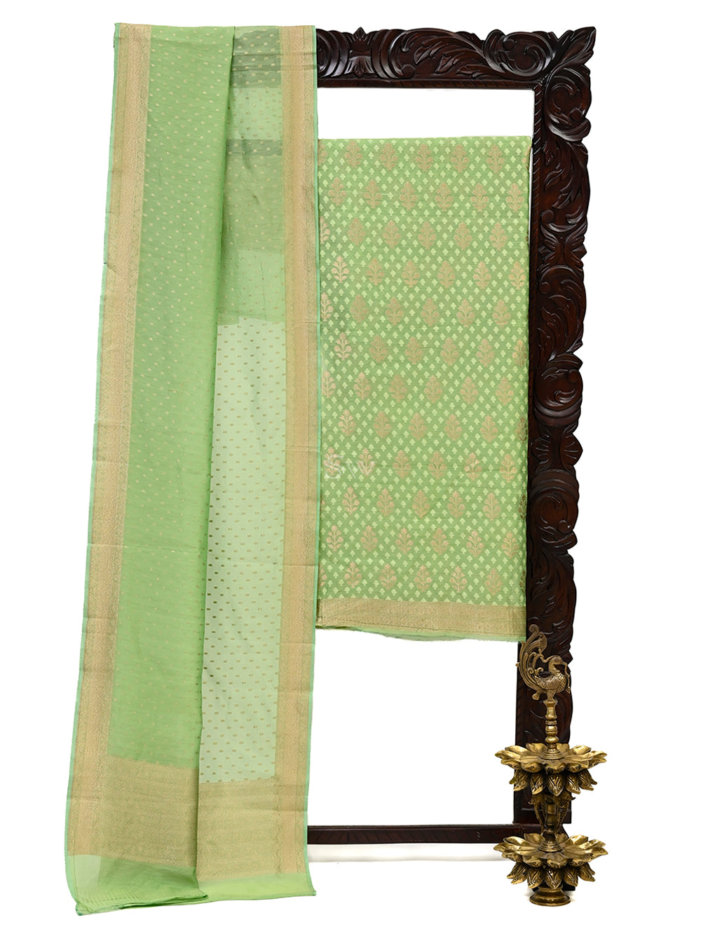 Pista Green Cotton Silk Handloom Banarasi Suit