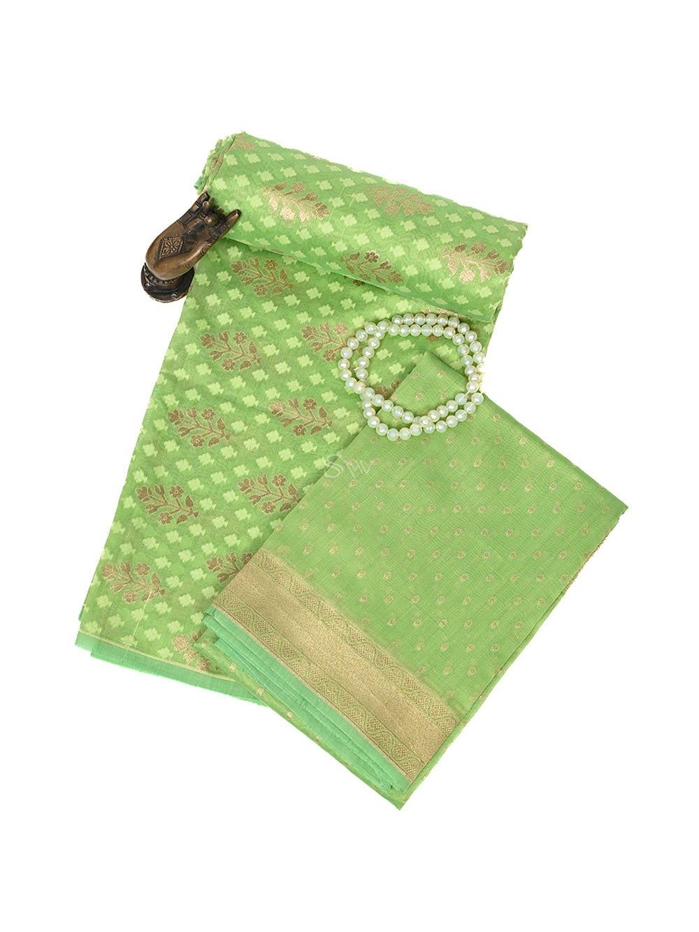 Pista Green Cotton Silk Handloom Banarasi Suit