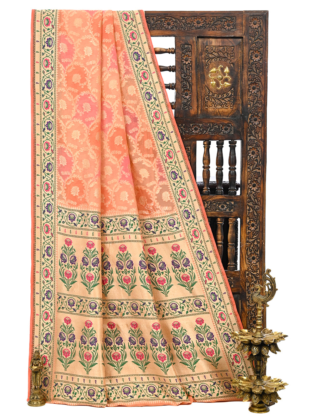 Peach Pink Paithani Rangkat Khaddi Georgette Handloom Banarasi Saree - Sacred Weaves