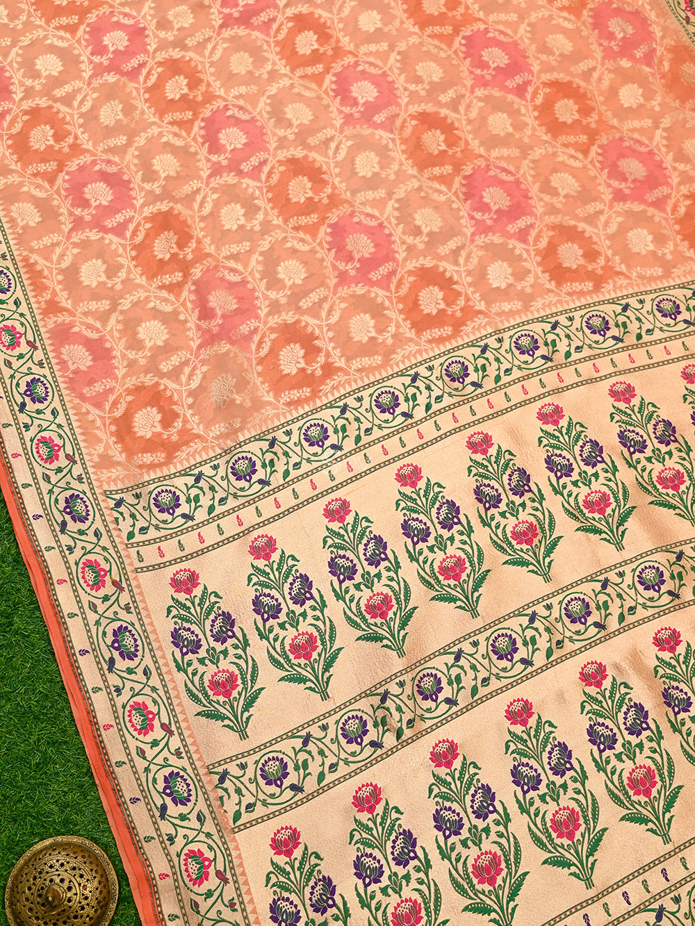 Peach Pink Paithani Rangkat Khaddi Georgette Handloom Banarasi Saree - Sacred Weaves