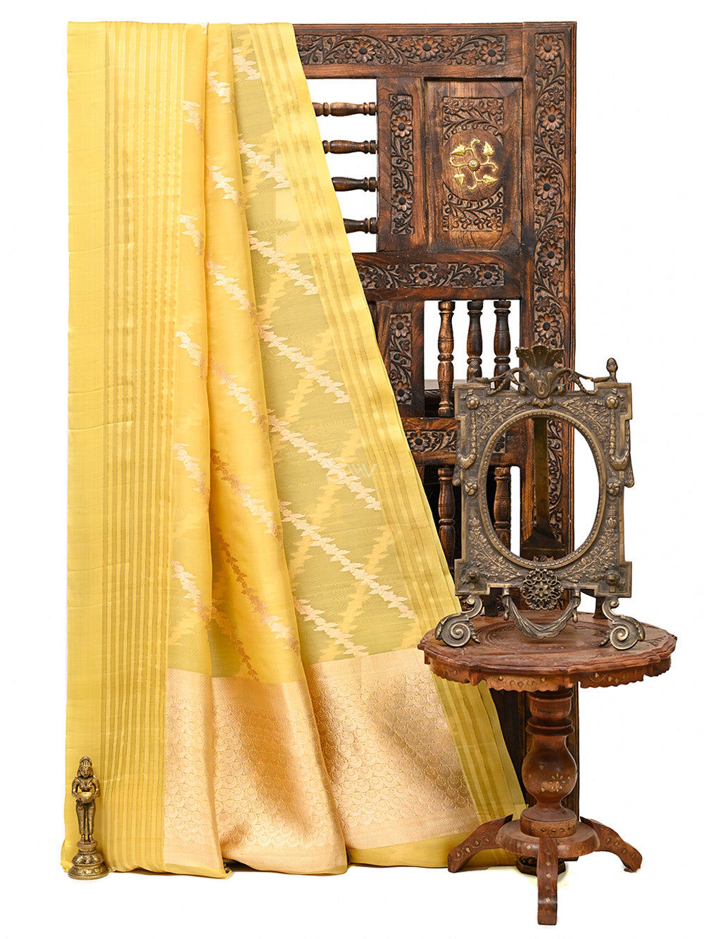 Mustard Stripe Organza Handloom Banarasi Saree - Sacred Weaves