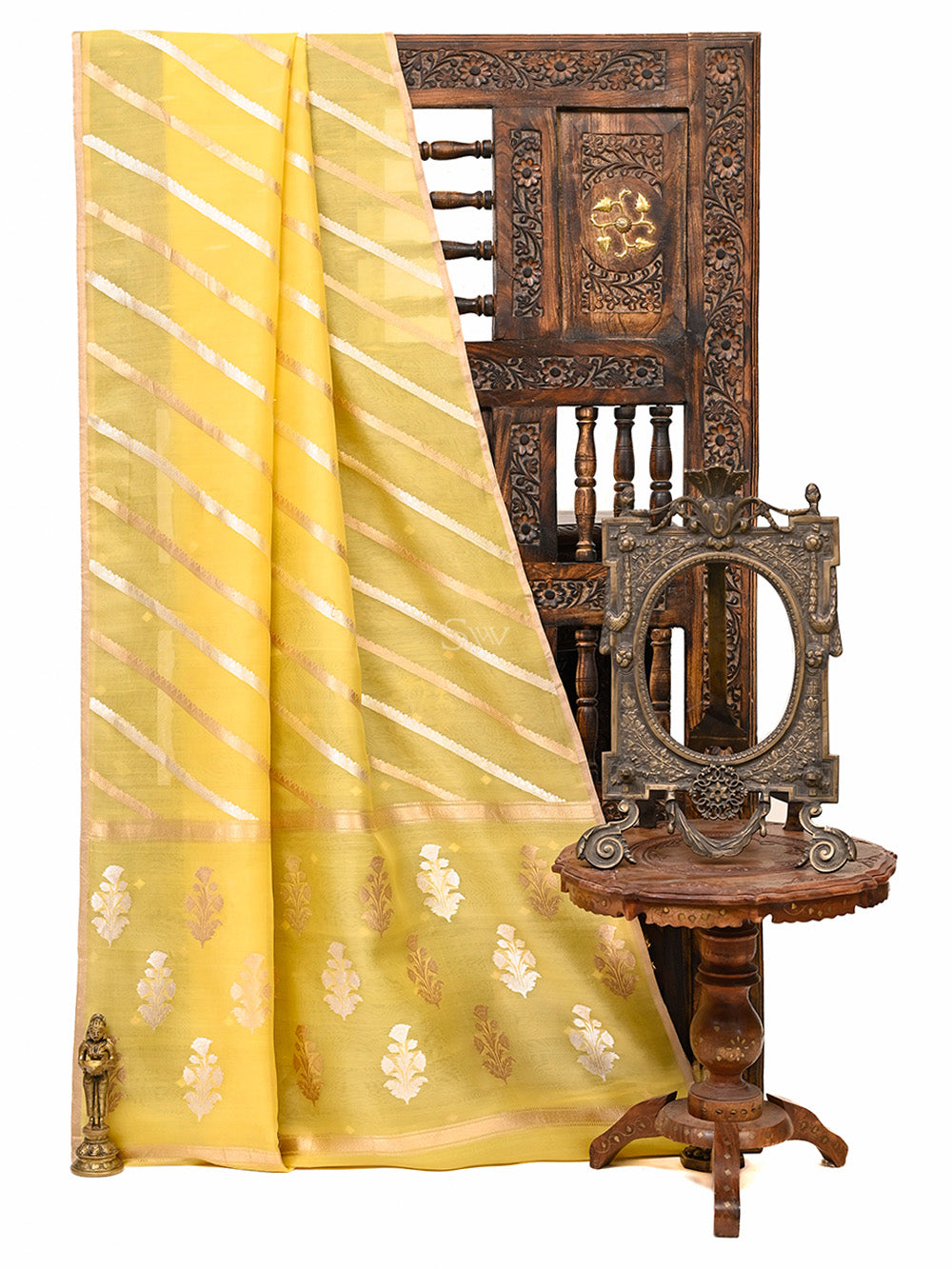 Yellow Stripe Organza Handloom Banarasi Saree - Sacred Weaves