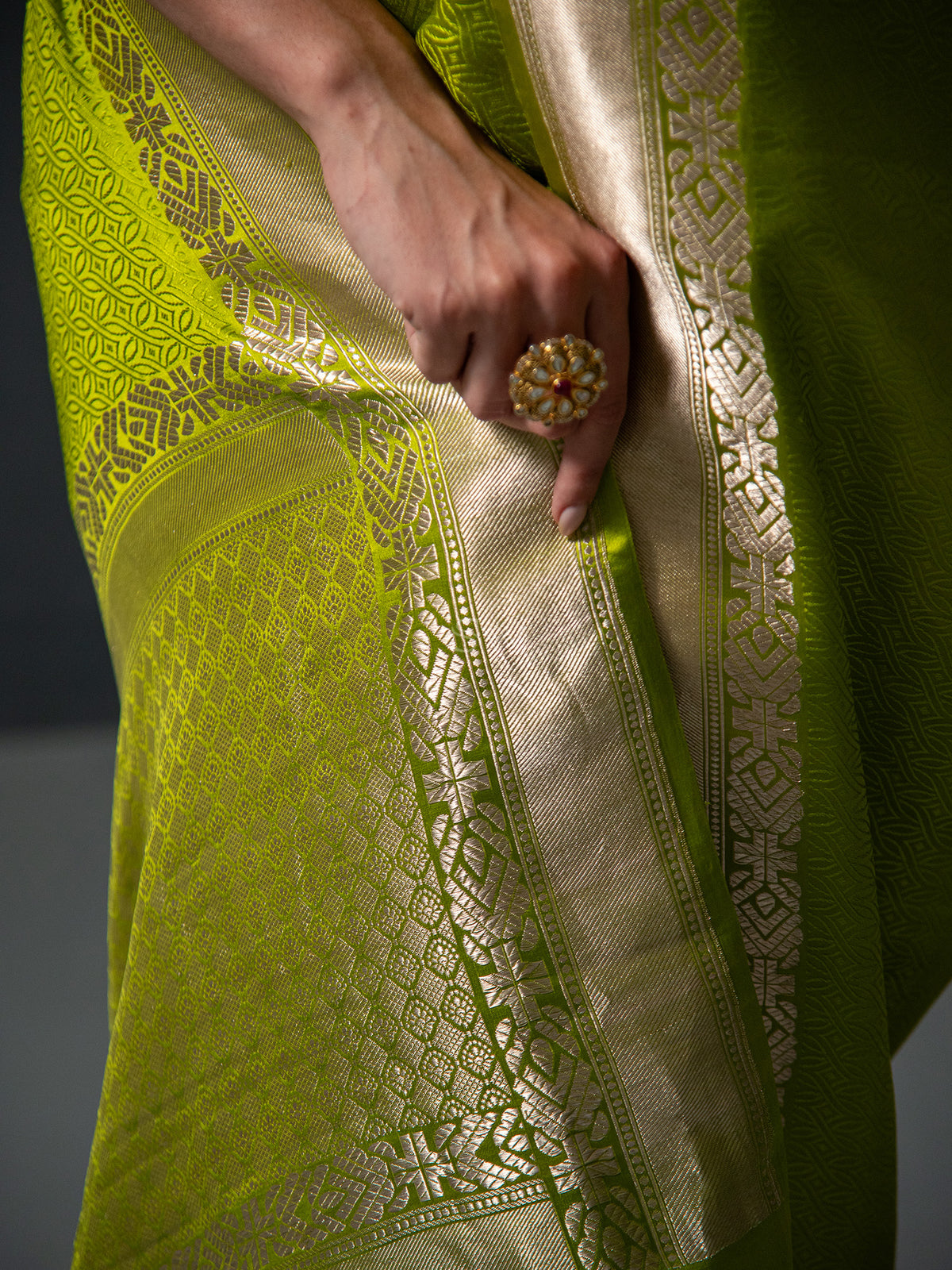 Parrot Green Satin Tanchoi Handloom Banarasi Saree - Sacred Weaves