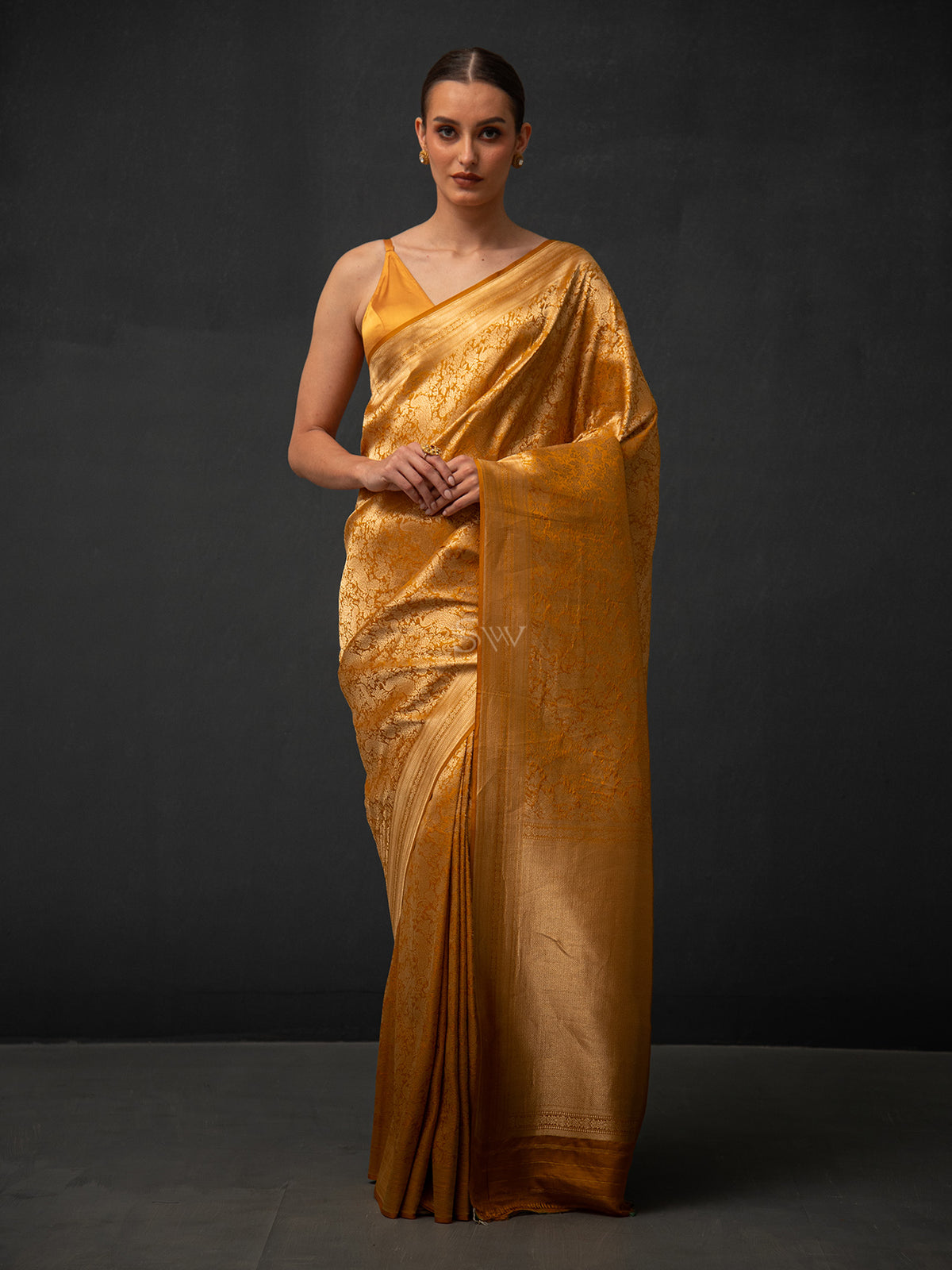 Mustard Shikargah Brocade Handloom Banarasi Saree - Sacred Weaves