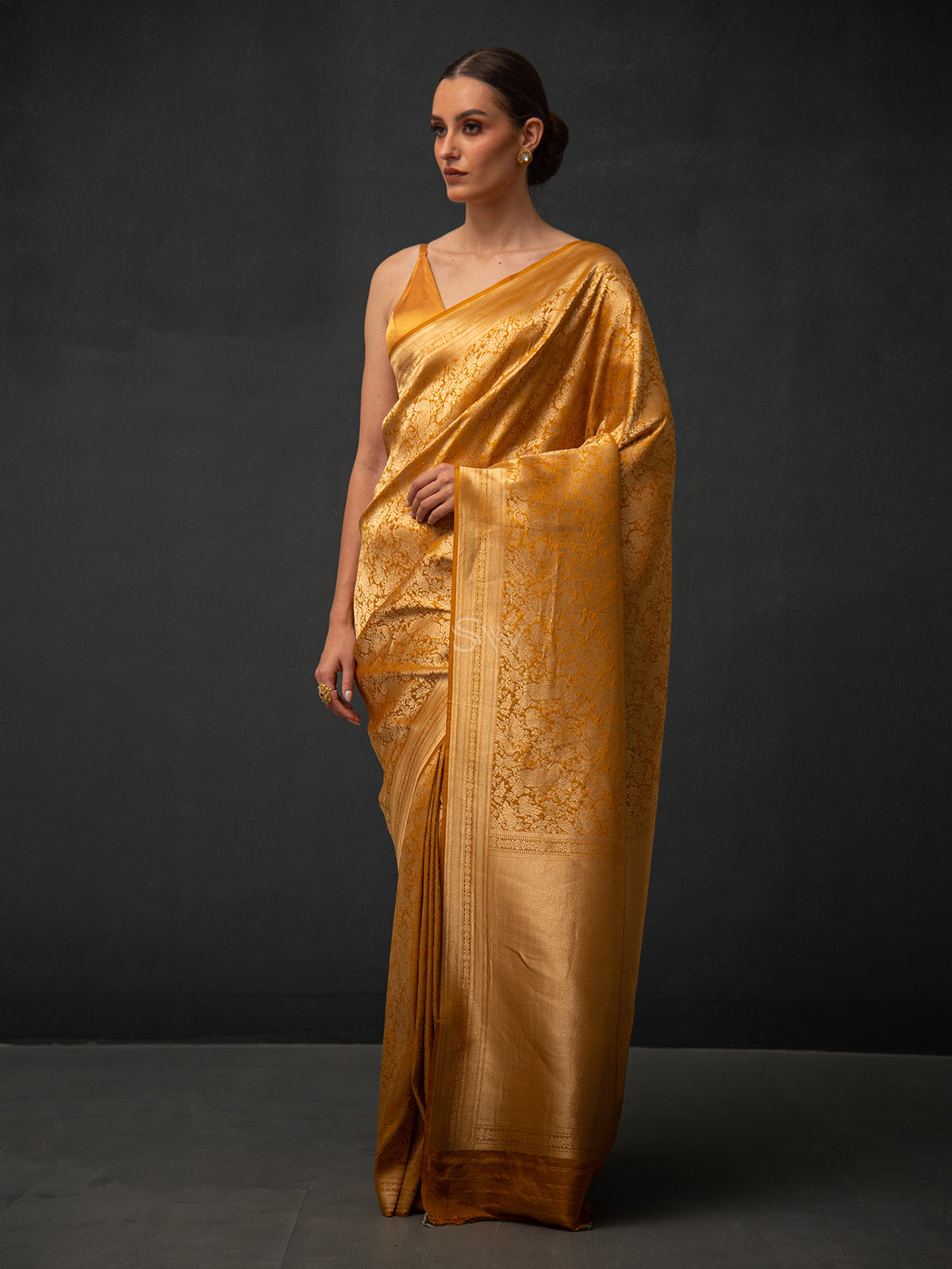 Mustard Shikargah Brocade Handloom Banarasi Saree - Sacred Weaves