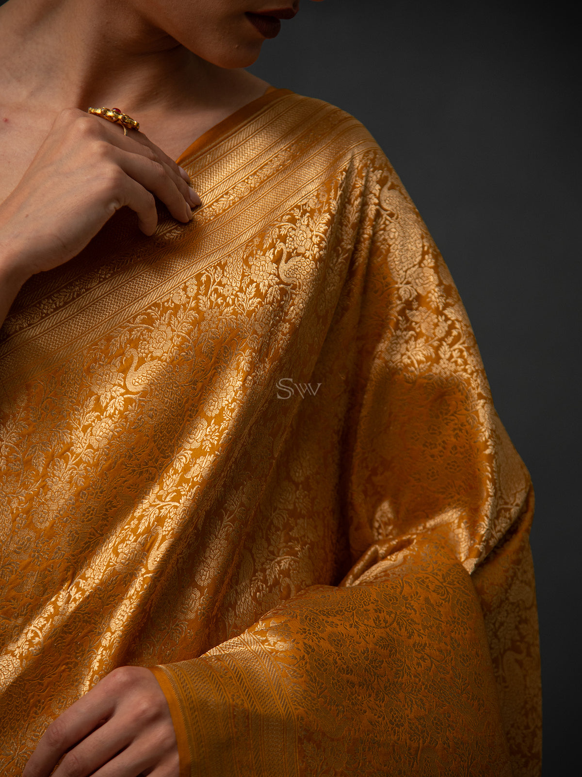 Mustard Shikargah Brocade Handloom Banarasi Saree - Sacred Weaves