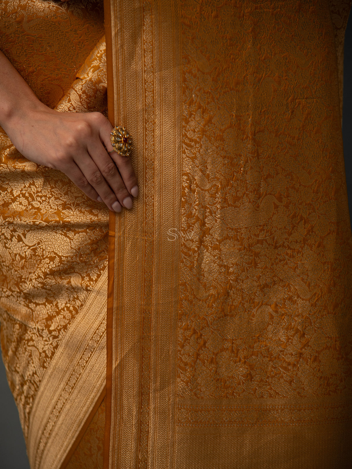 Mustard Shikargah Brocade Handloom Banarasi Saree - Sacred Weaves