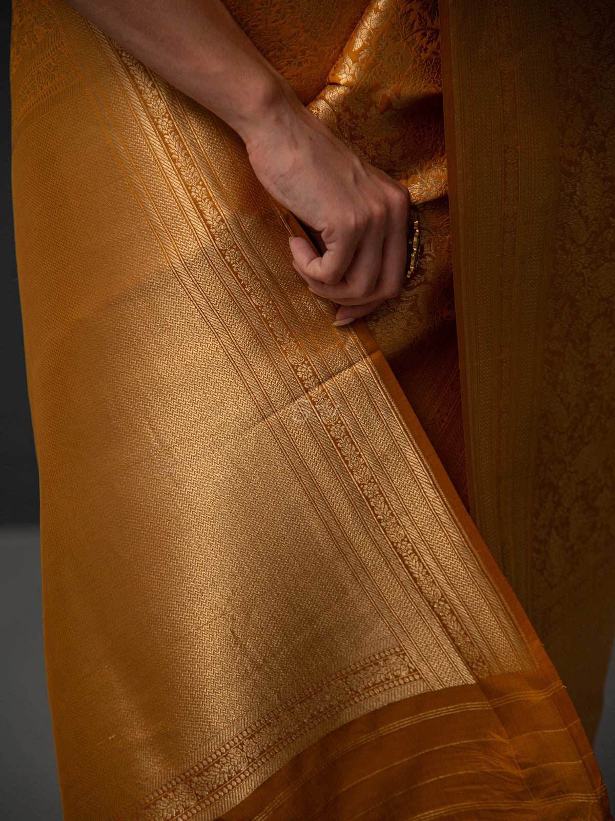 Mustard Shikargah Brocade Handloom Banarasi Saree - Sacred Weaves