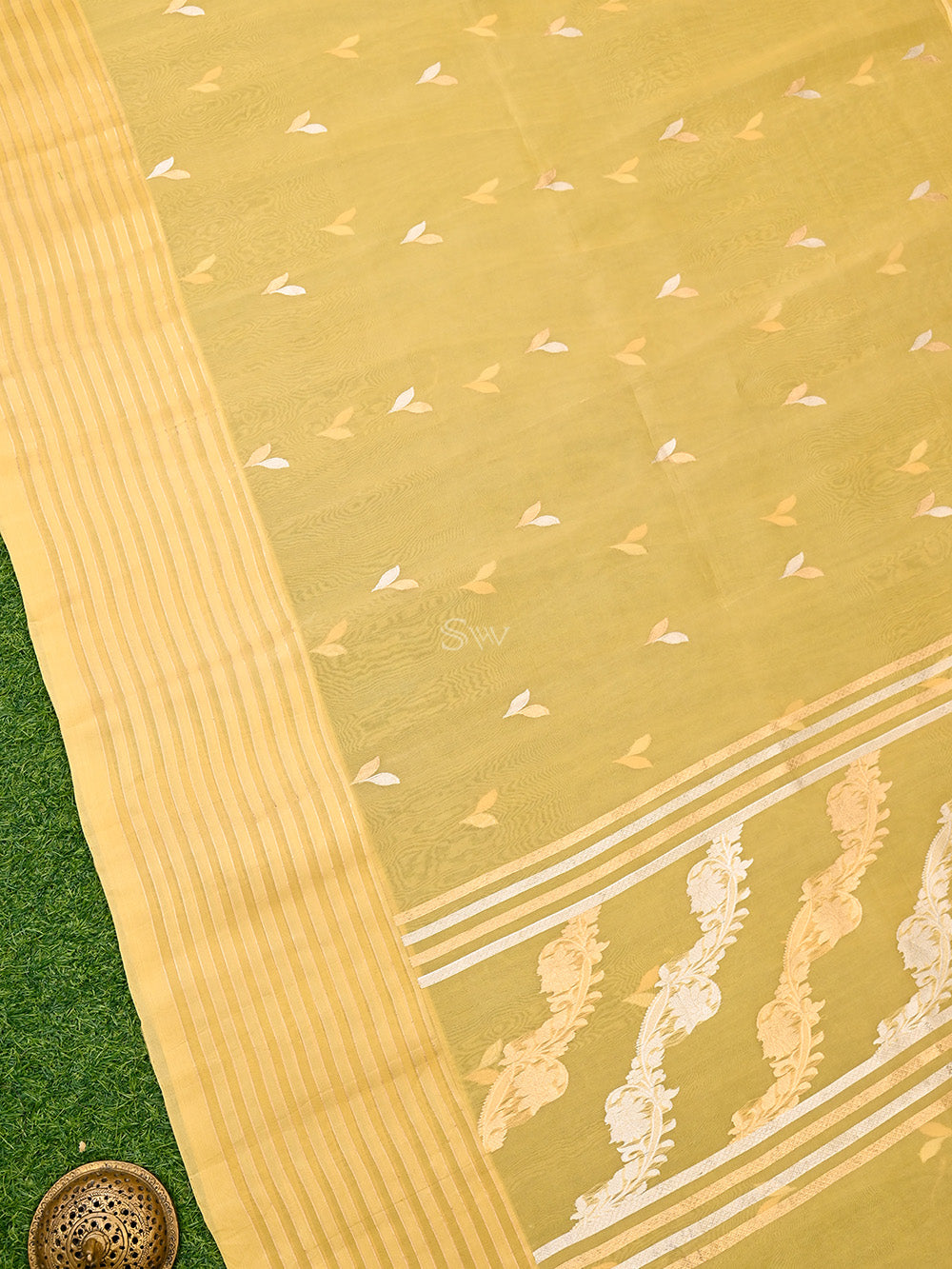 Mustard Booti Organza Handloom Banarasi Saree - Sacred Weaves