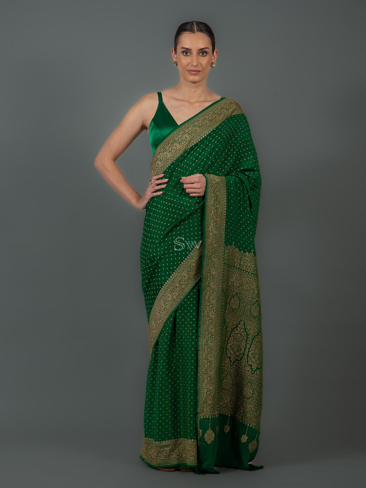 Bottle Green Booti Crepe Silk Handloom Banarasi Saree - Sacred Weaves