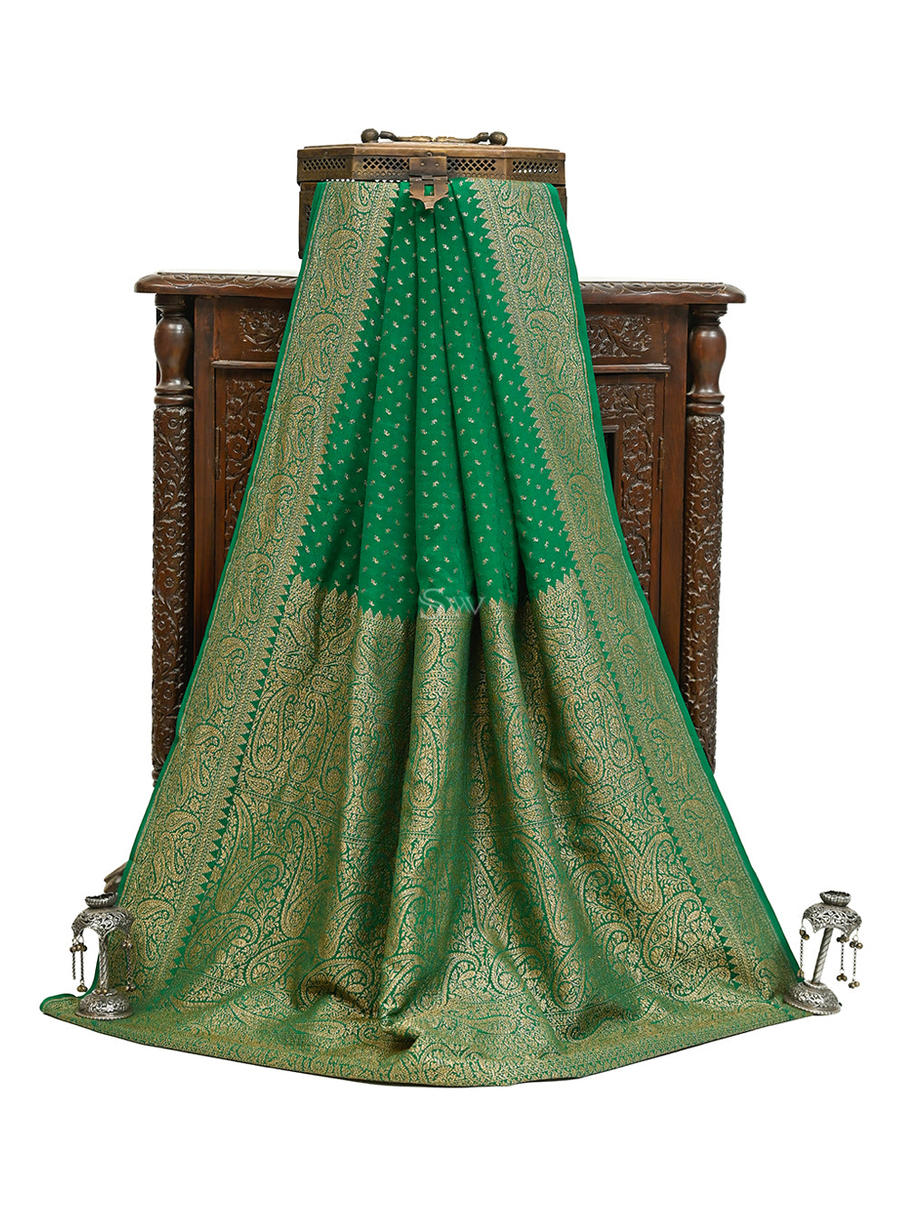 Bottle Green Booti Crepe Silk Handloom Banarasi Saree - Sacred Weaves