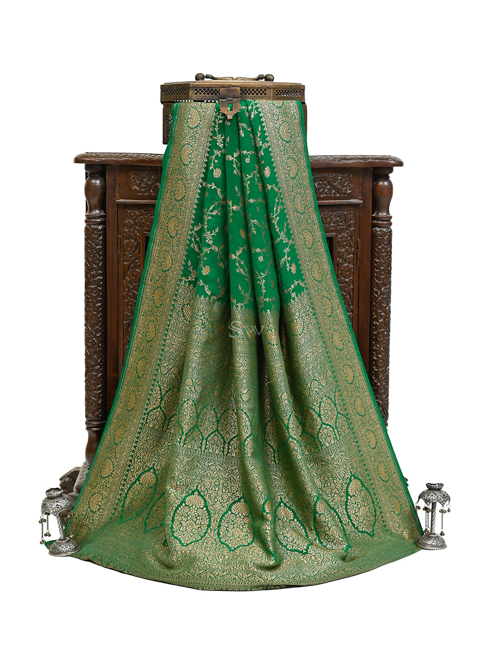 Bottle Green Jaal Crepe Silk Handloom Banarasi Saree - Sacred Weaves