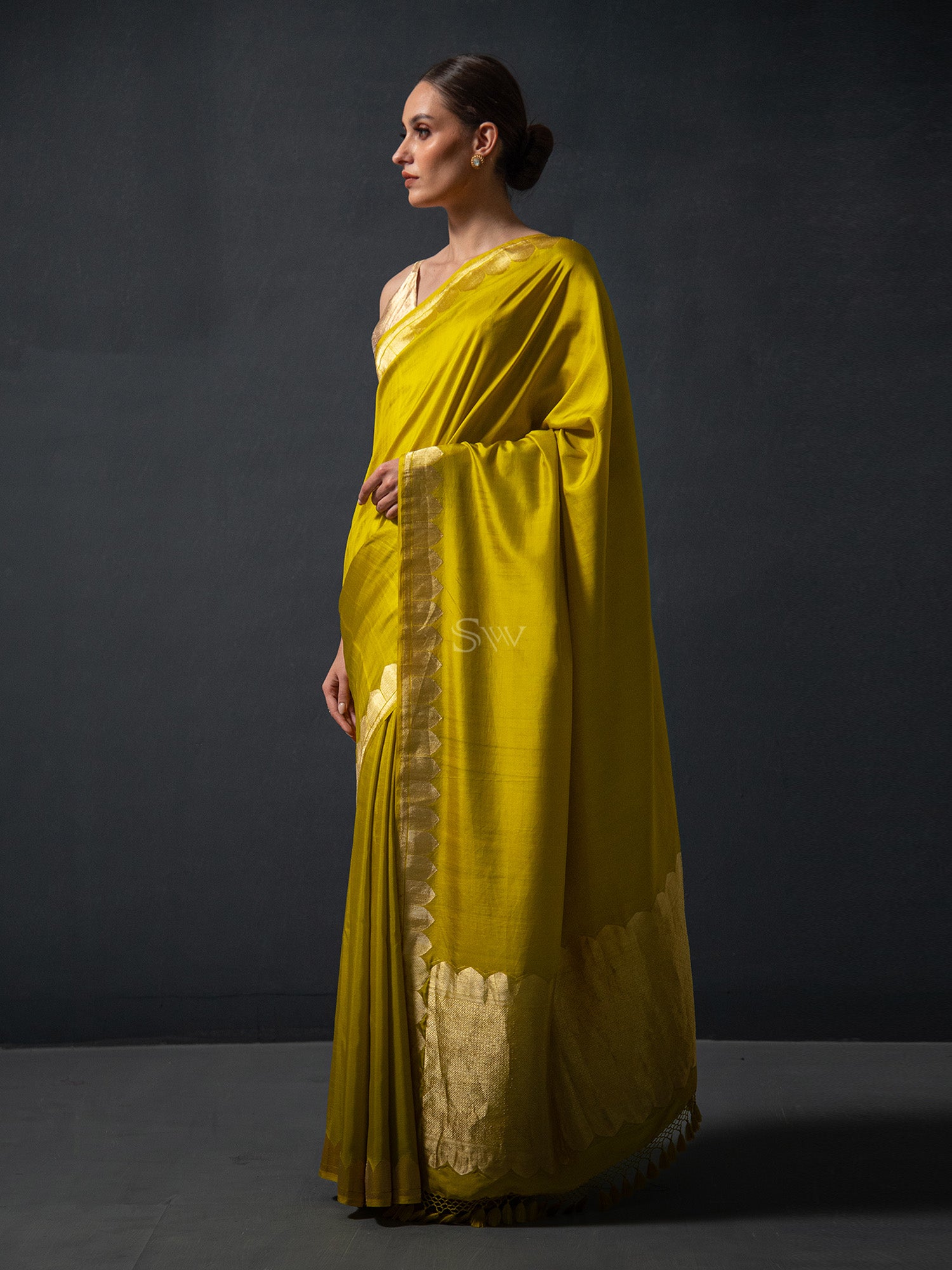 Mustard Plain Satin Silk Handloom Banarasi Saree - Sacred Weaves