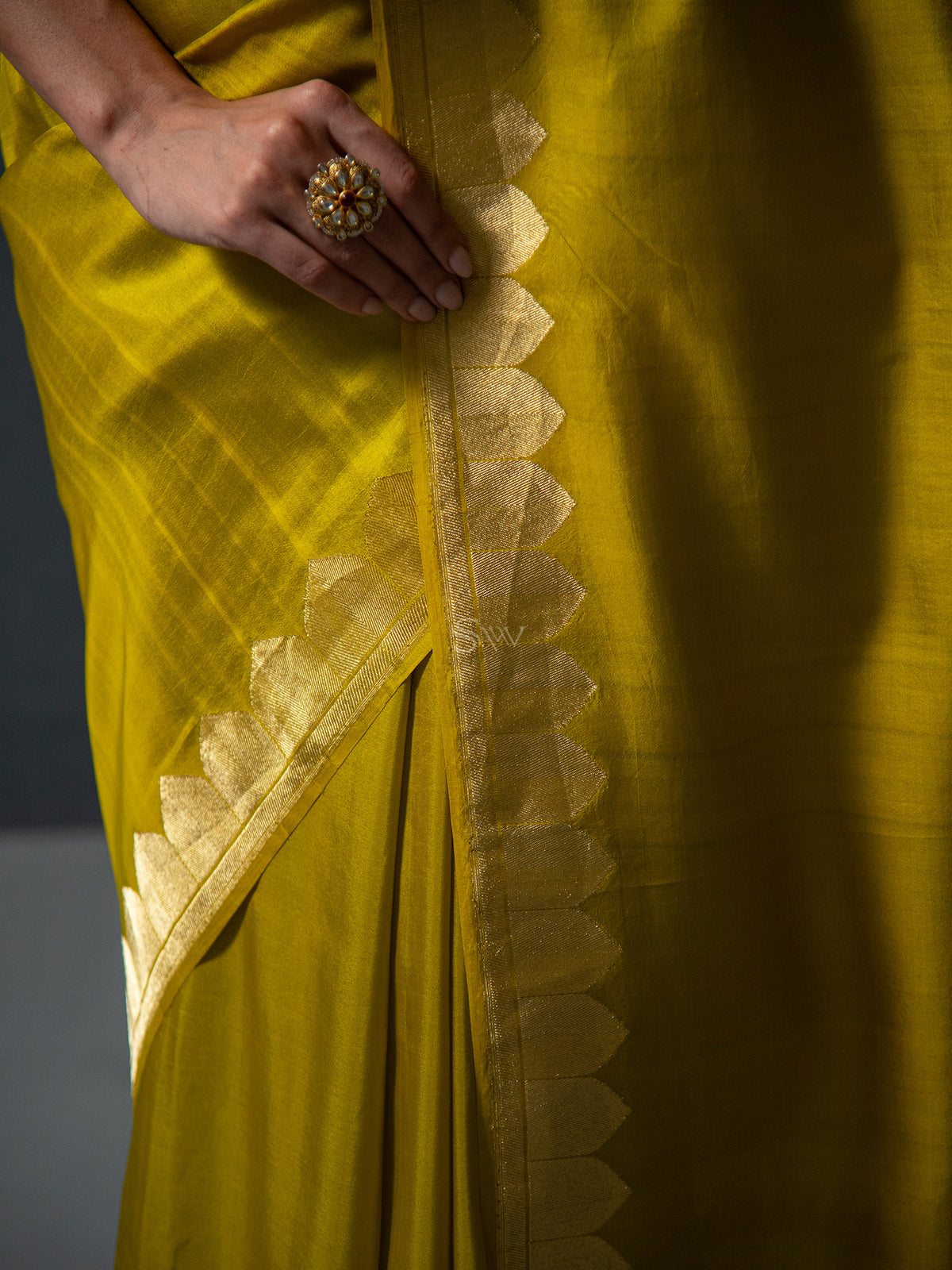 Mustard Plain Satin Silk Handloom Banarasi Saree - Sacred Weaves