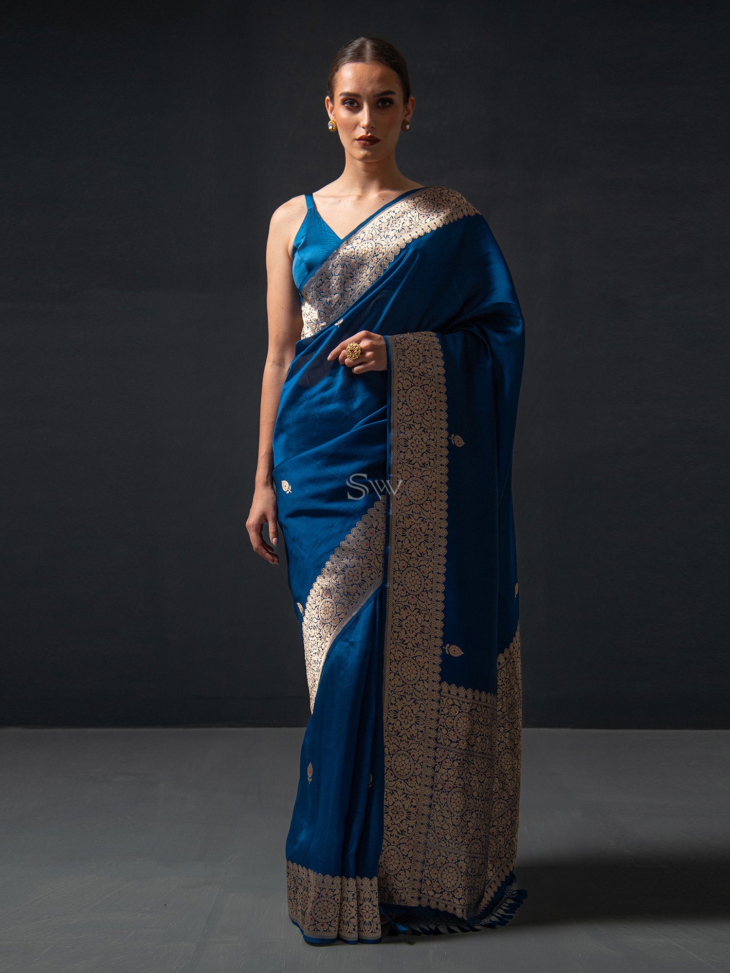Midnight Blue Organza Silk Handloom Banarasi Saree - Sacred Weaves