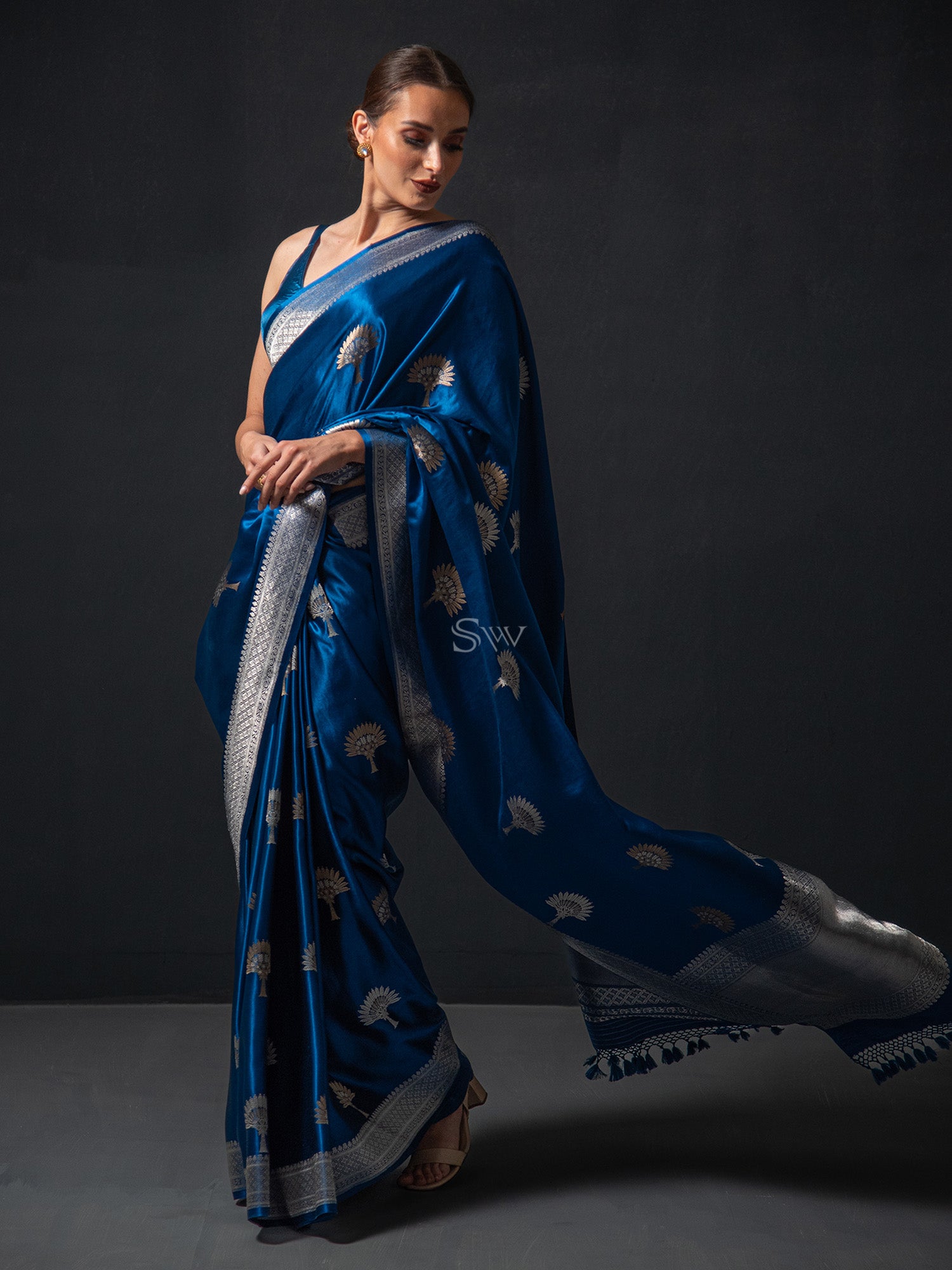 Midnight Blue Boota Satin Silk Handloom Banarasi Saree - Sacred Weaves