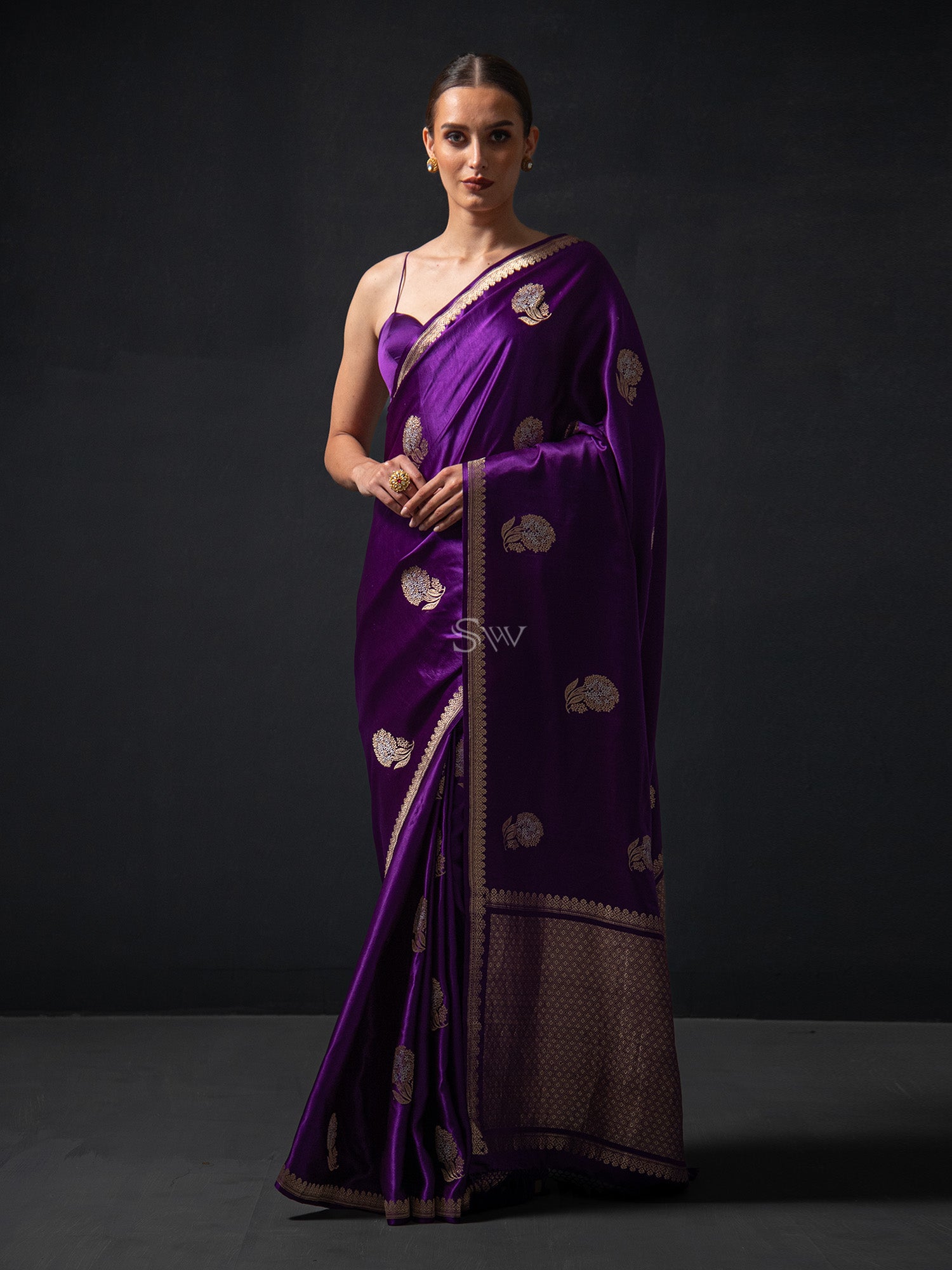 Purple Boota Satin Silk Handloom Banarasi Saree - Sacred Weaves
