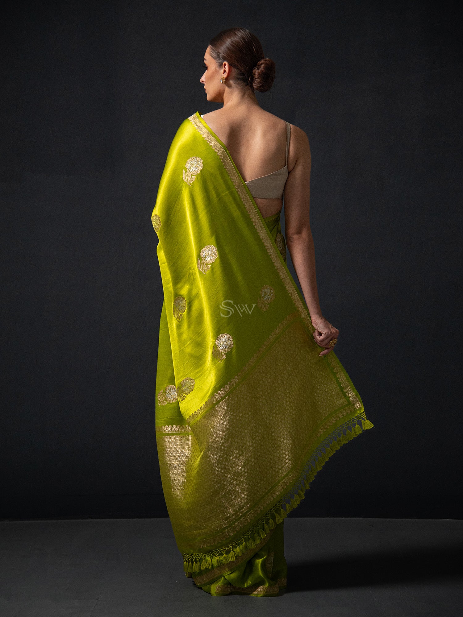 Parrot Green Boota Satin Silk Handloom Banarasi Saree - Sacred Weaves