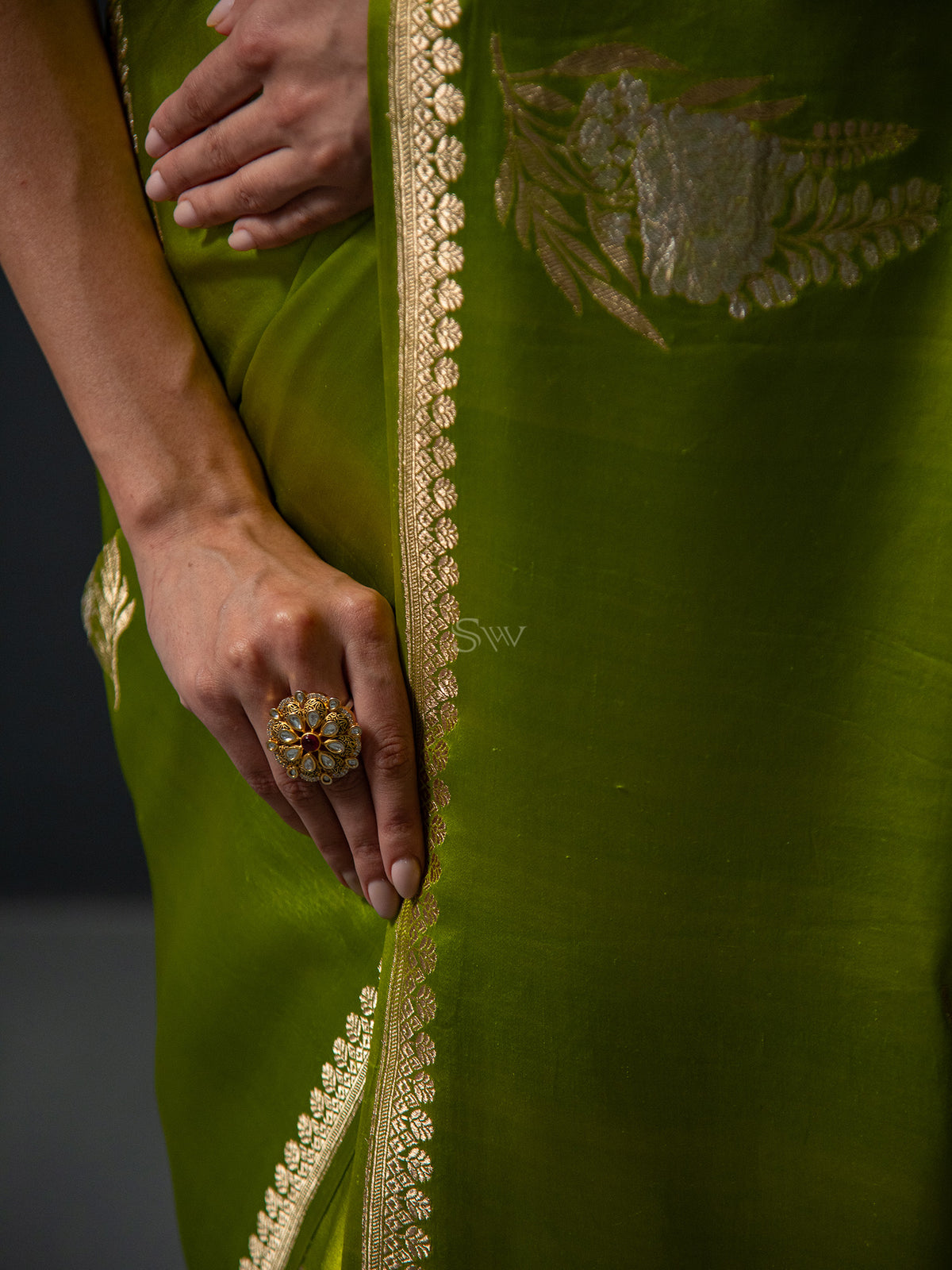 Parrot Green Boota Satin Silk Handloom Banarasi Saree - Sacred Weaves