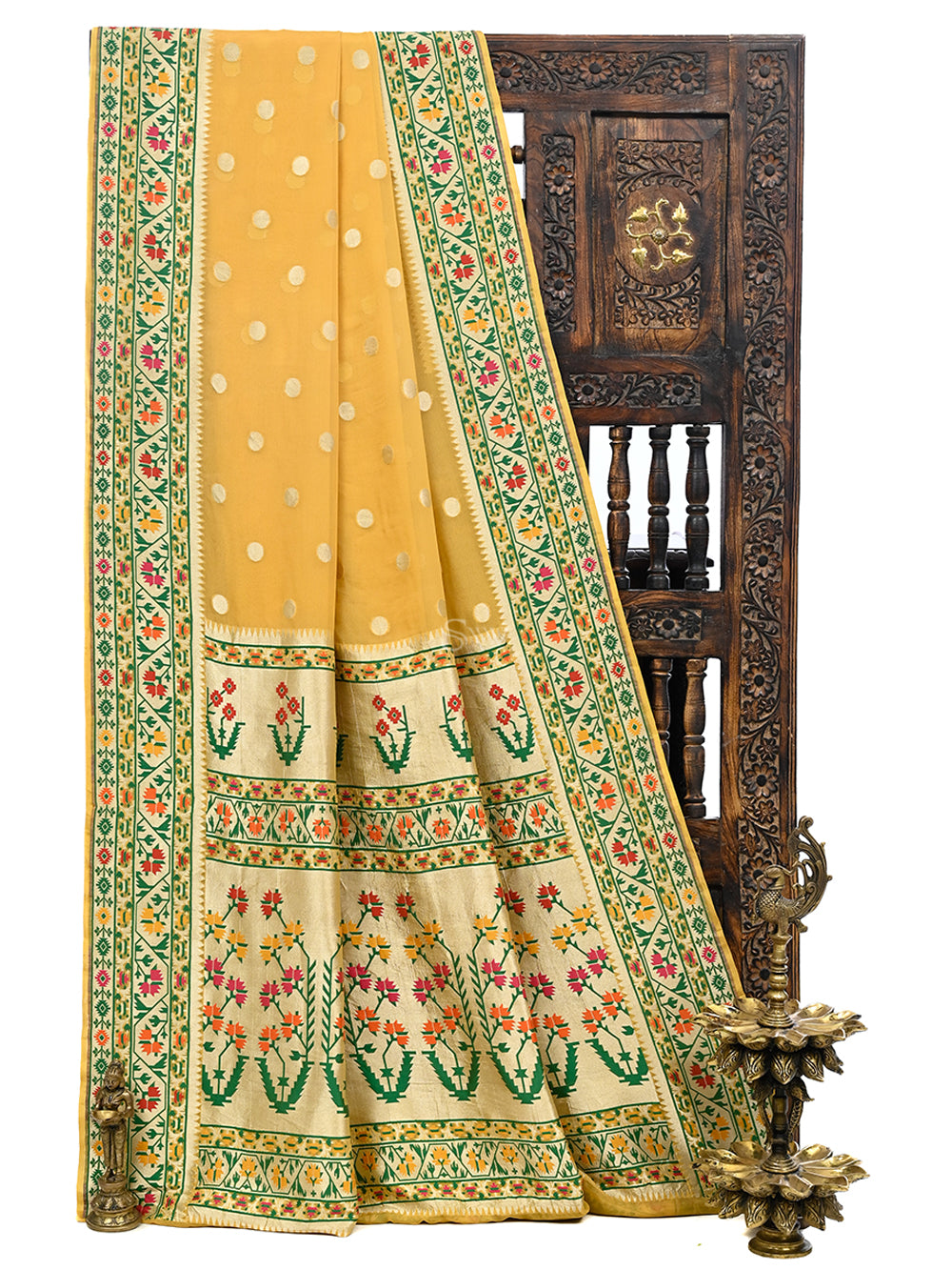 Mustard Paithani Khaddi Georgette Handloom Banarasi Saree - Sacred Weaves