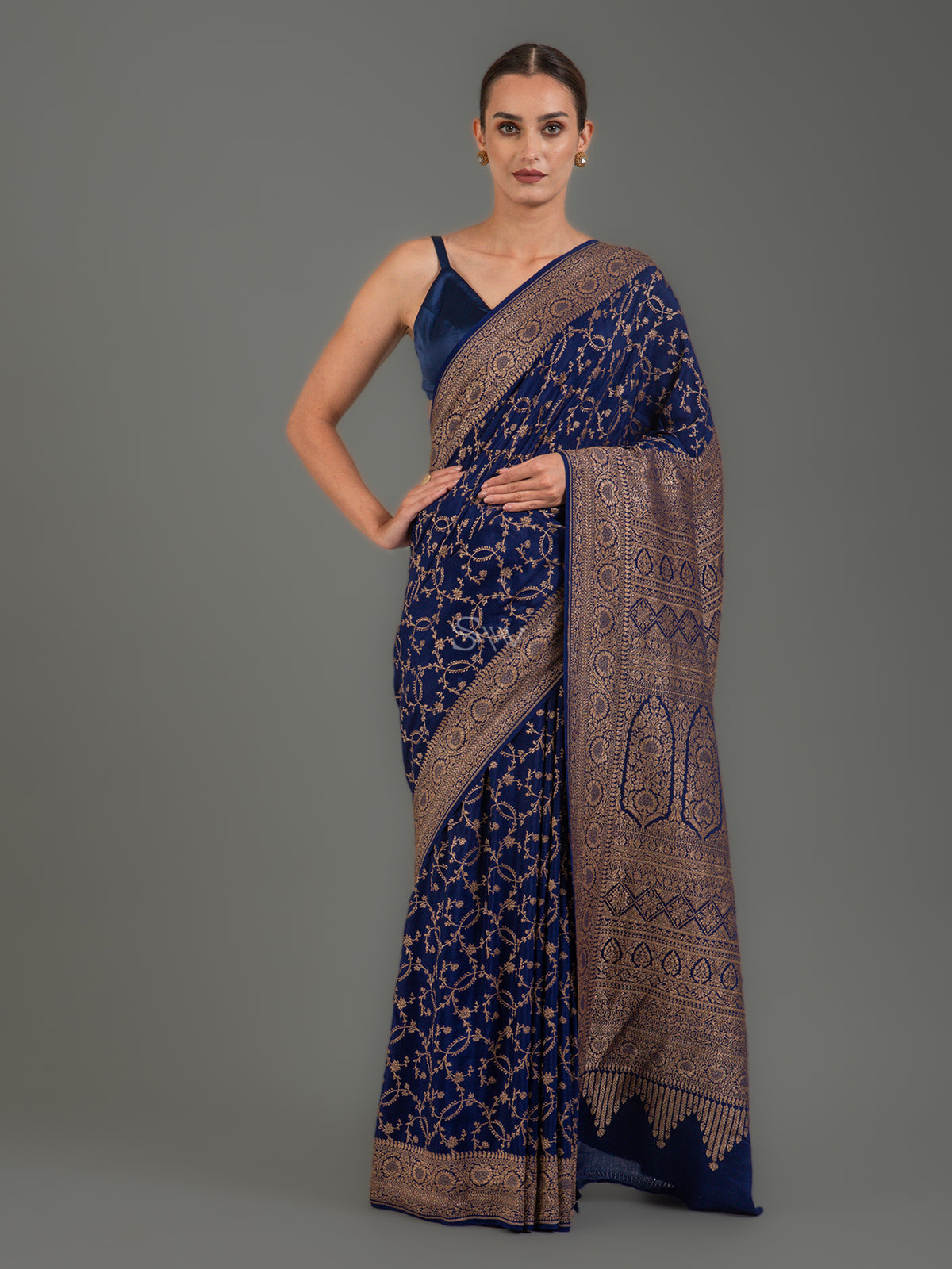 Dark Blue Jaal Crepe Silk Handloom Banarasi Saree - Sacred Weaves