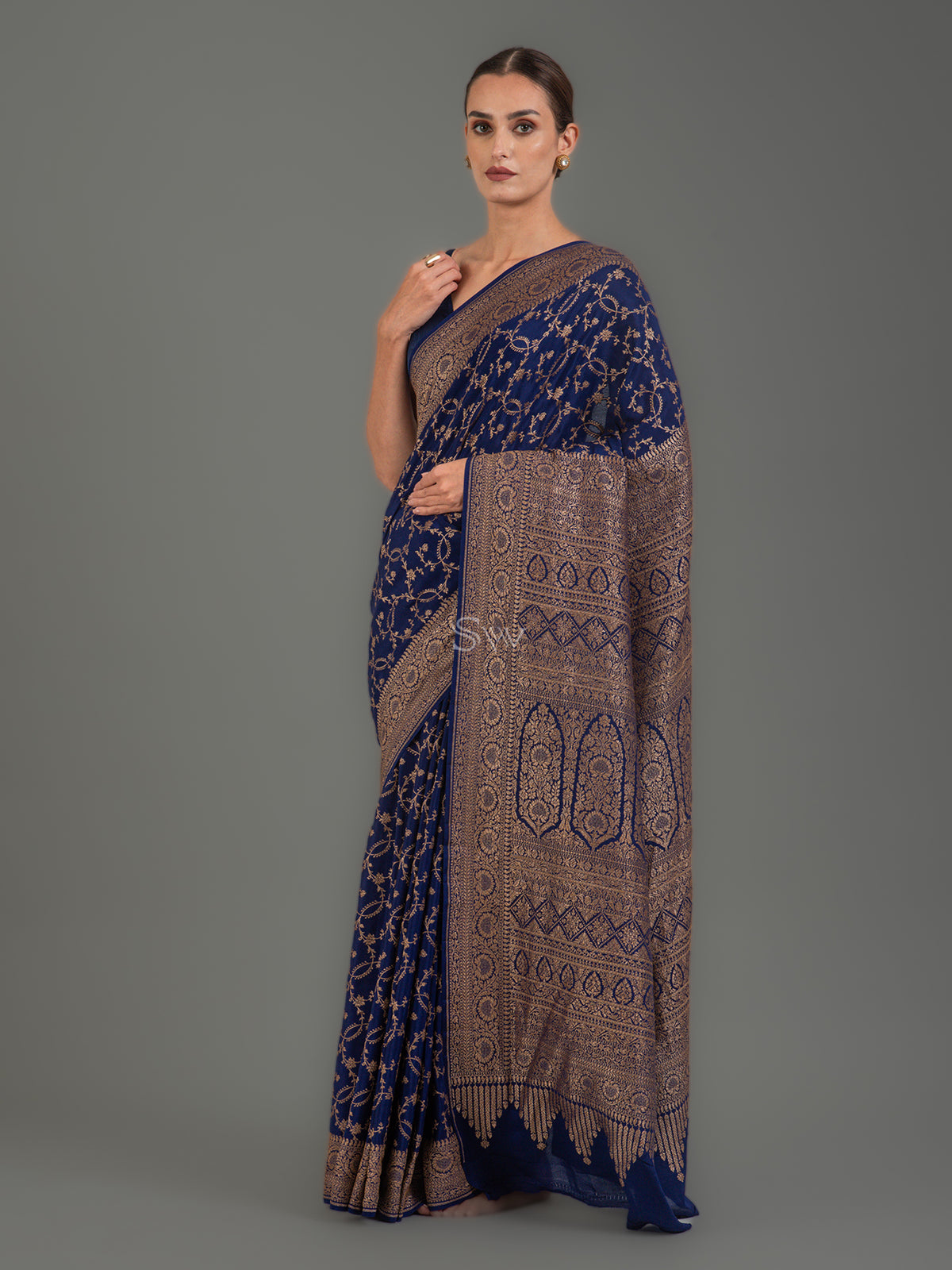 Dark Blue Jaal Crepe Silk Handloom Banarasi Saree - Sacred Weaves