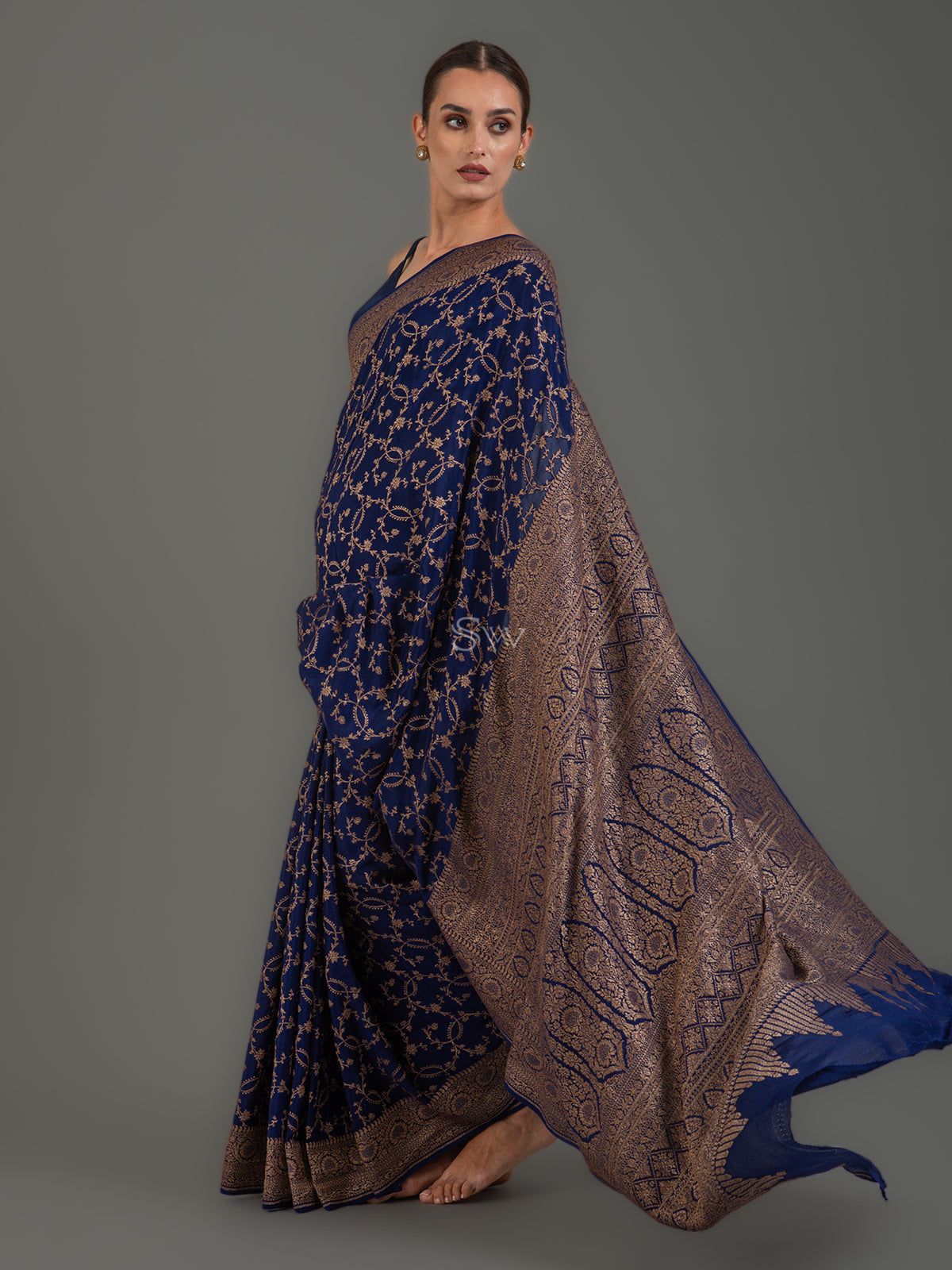 Dark Blue Jaal Crepe Silk Handloom Banarasi Saree - Sacred Weaves