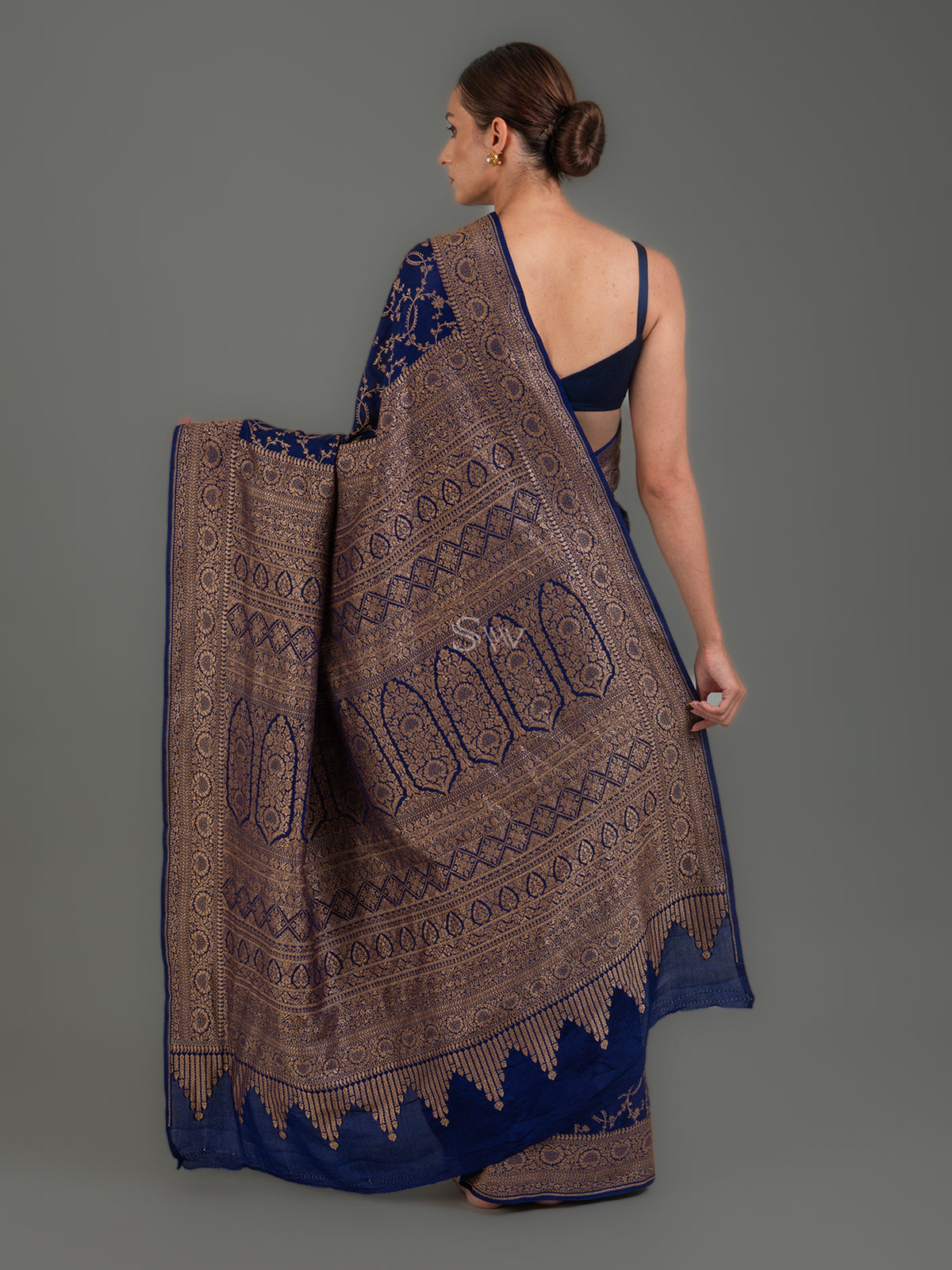 Dark Blue Jaal Crepe Silk Handloom Banarasi Saree - Sacred Weaves